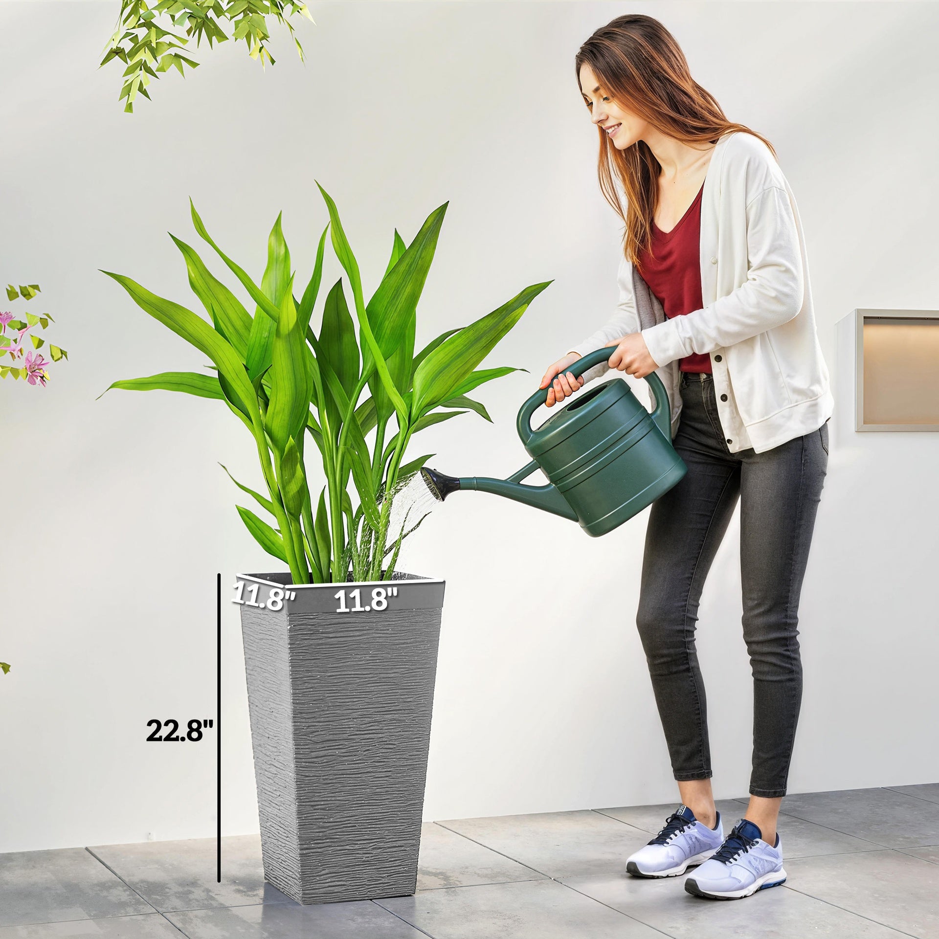 Outsunny 22.8 Inch Set of 3 Outdoor Planters with Stone Finish and Wheels, Stackable Tapered Planters with Drainage Hole, Gray