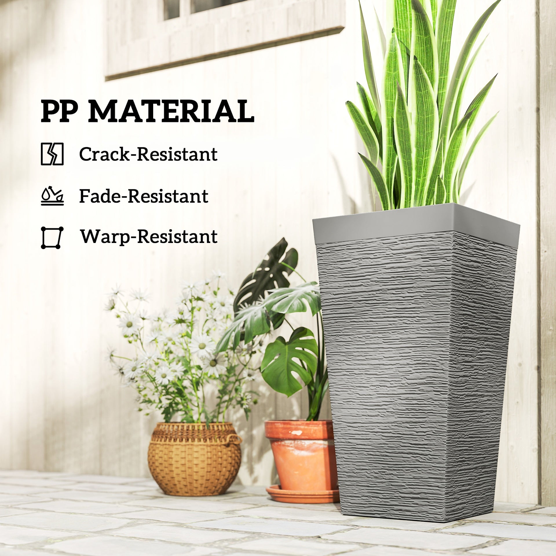 Outsunny 22.8 Inch Set of 3 Outdoor Planters with Stone Finish and Wheels, Stackable Tapered Planters with Drainage Hole, Gray