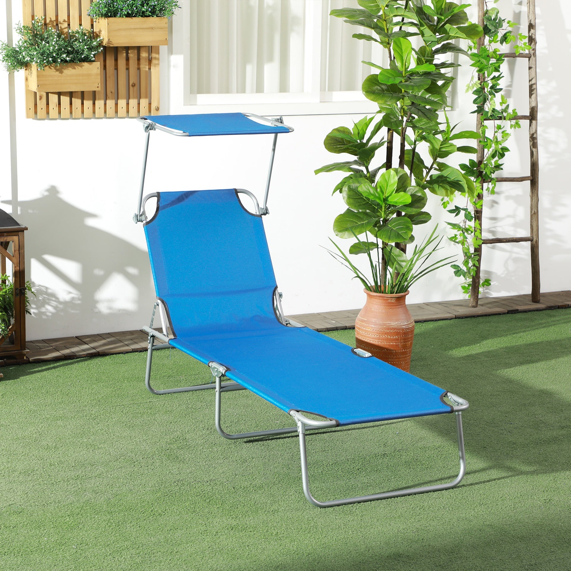 Outsunny Outdoor Pool Chaise Lounge Chair, Folding Tanning Chair with Sun Shade, Blue