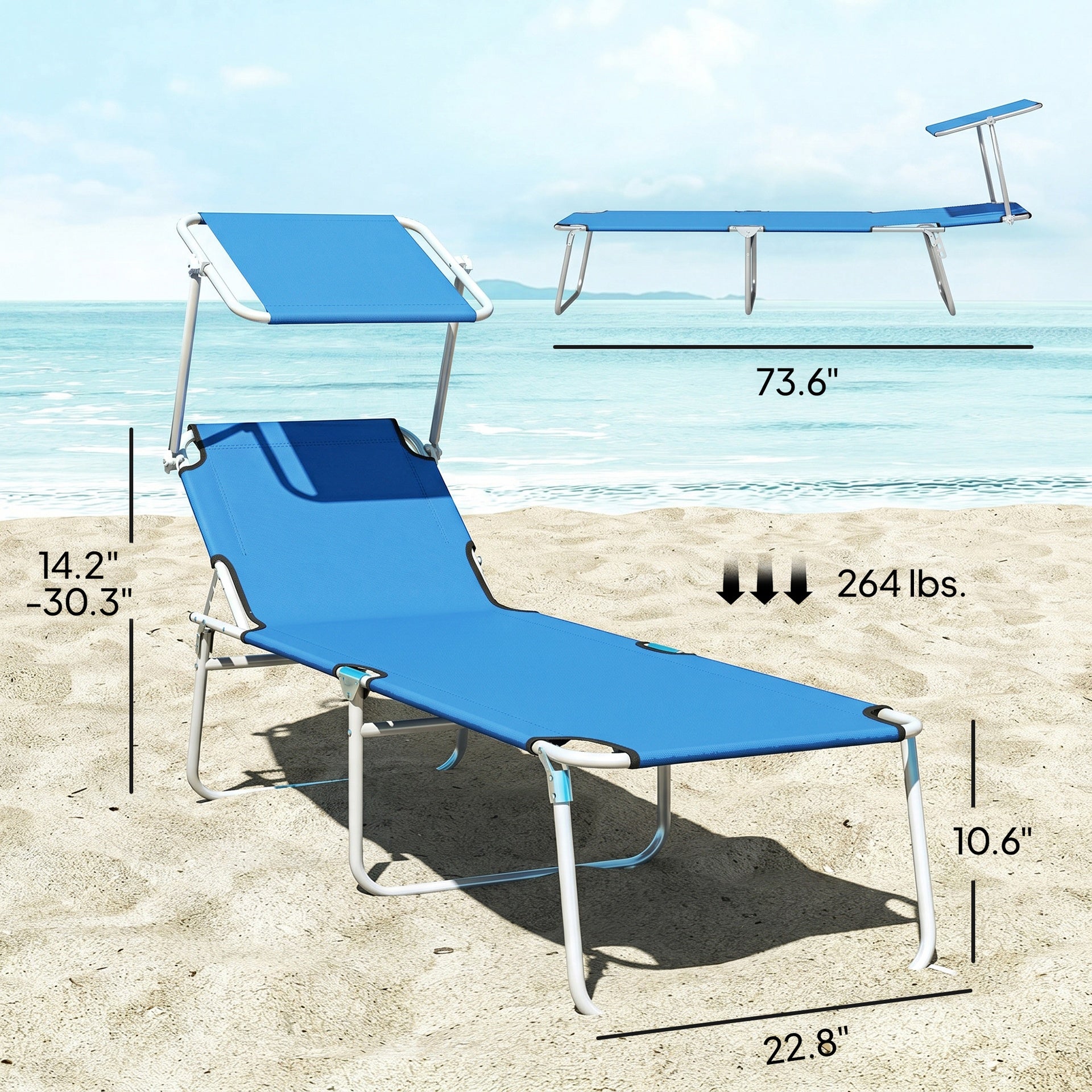 Outsunny Outdoor Pool Chaise Lounge Chair, Folding Tanning Chair with Sun Shade, Blue