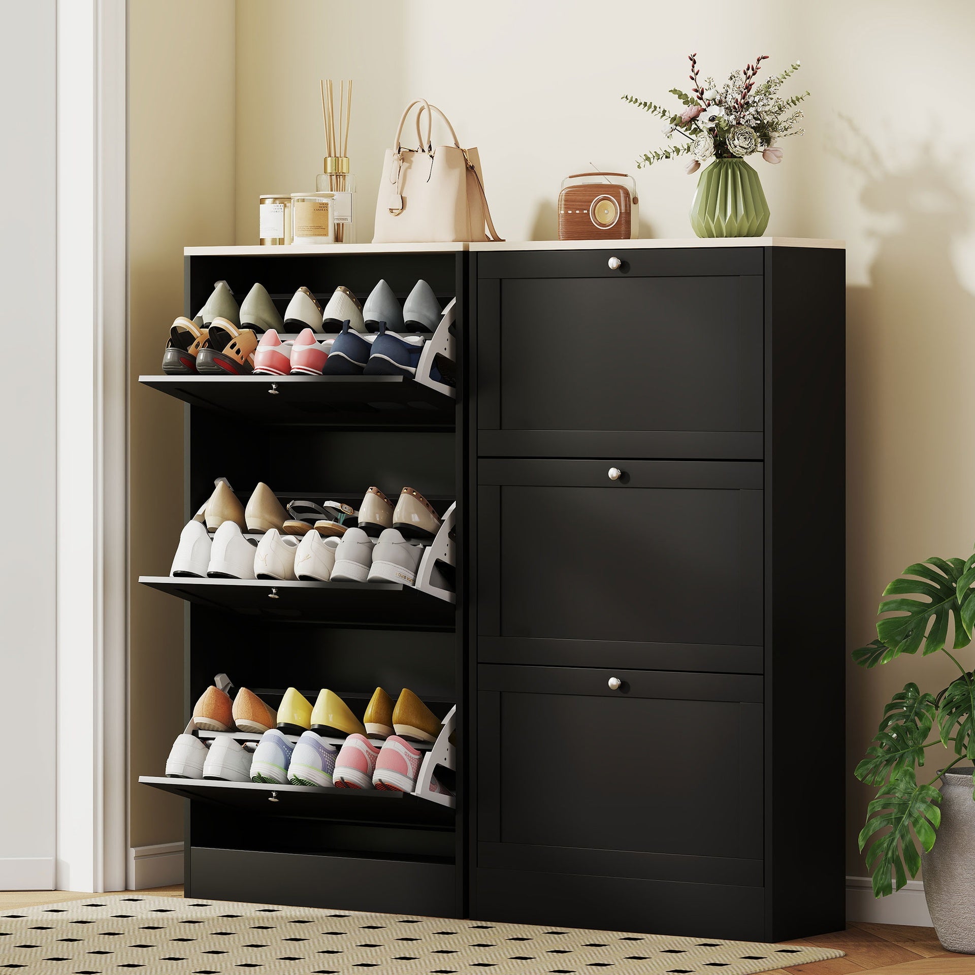 HOMCOM Modern Shoe Storage Cabinet with 3 Flip Drawers and Adjustable Shelves for 12-18 Pairs of Shoes, Black