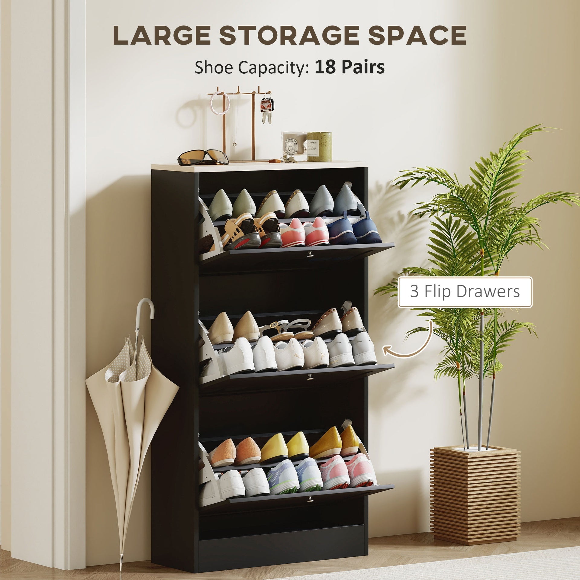 HOMCOM Modern Shoe Storage Cabinet with 3 Flip Drawers and Adjustable Shelves for 12-18 Pairs of Shoes, Black