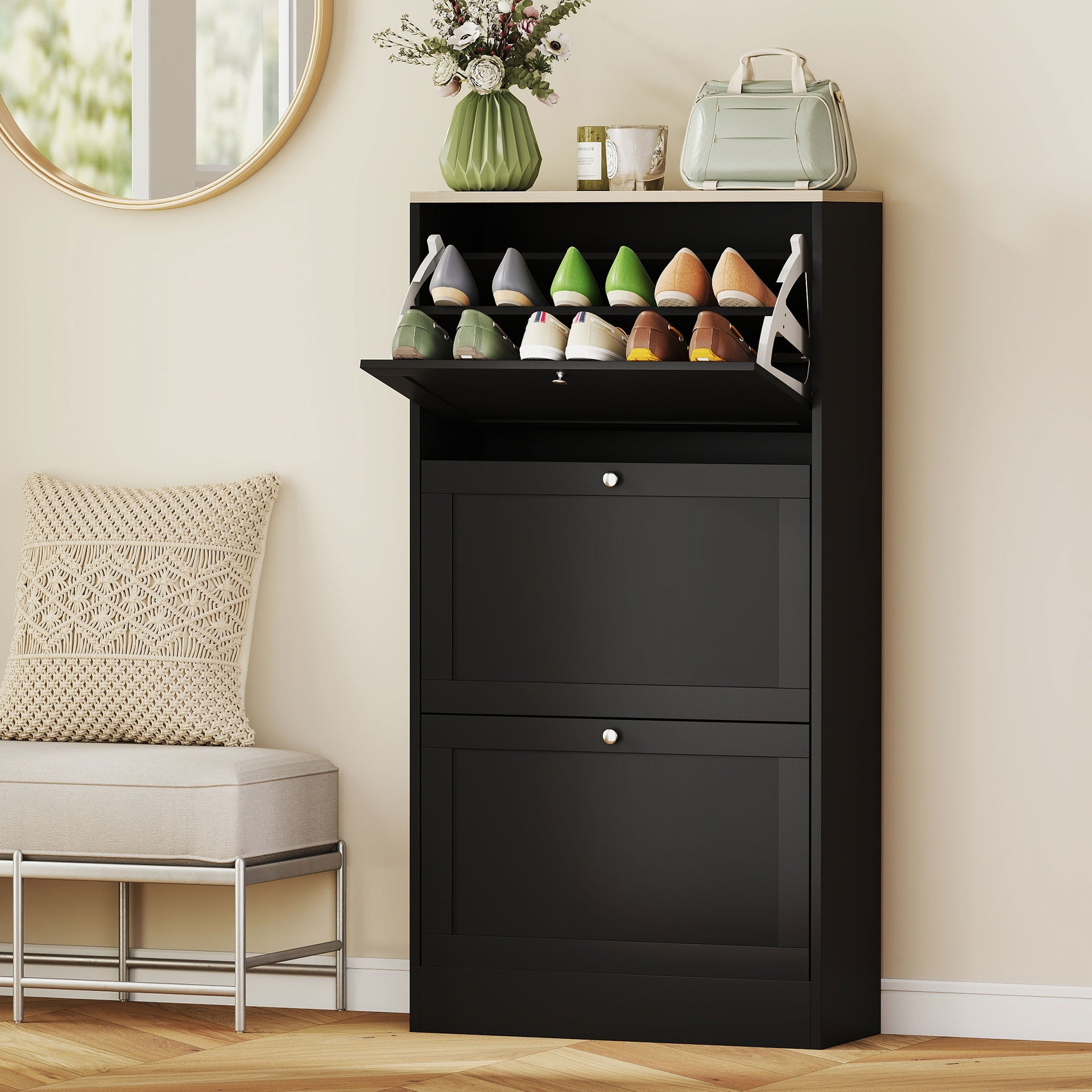 HOMCOM Modern Shoe Storage Cabinet with 3 Flip Drawers and Adjustable Shelves for 12-18 Pairs of Shoes, Black