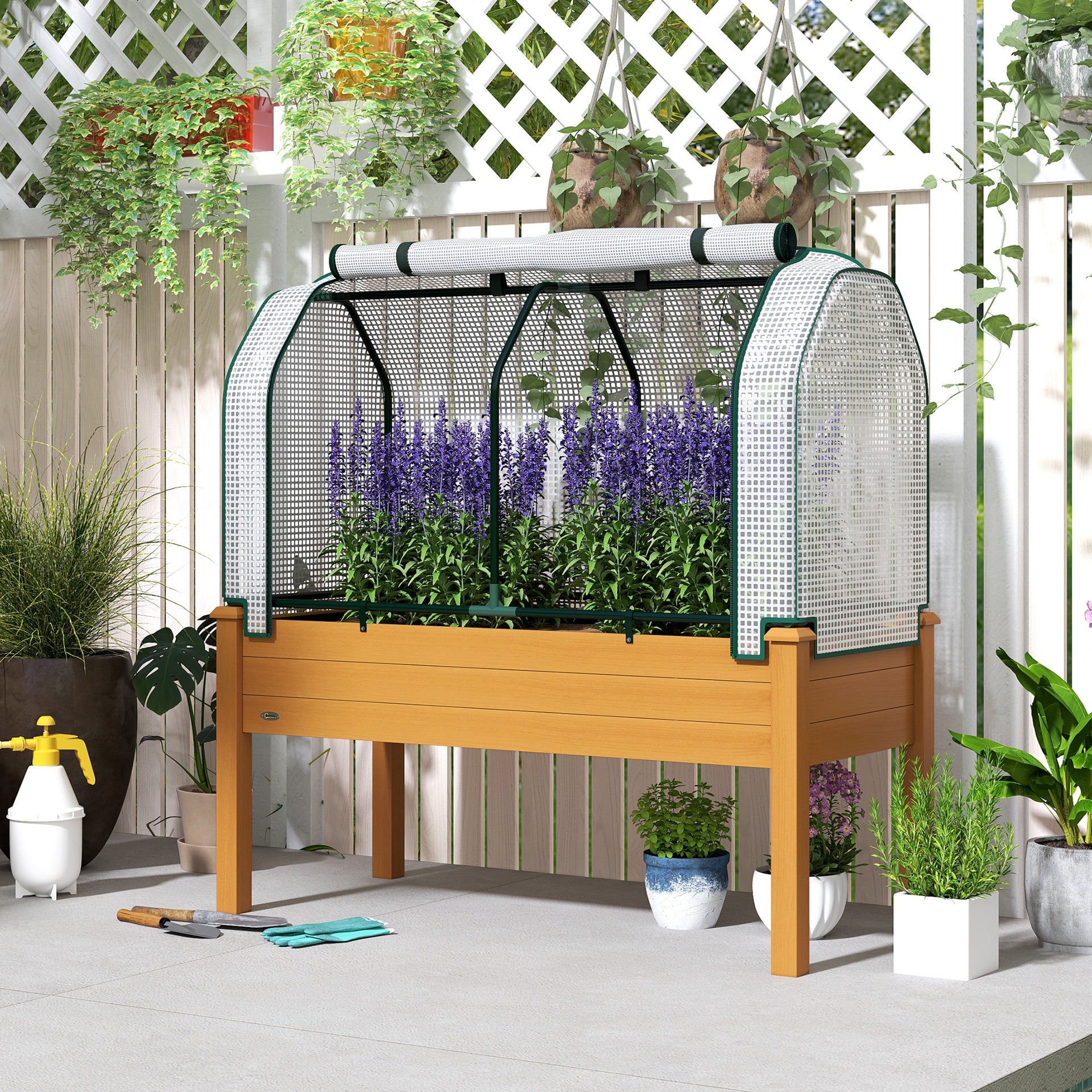 Outsunny Raised Garden Bed with PE Greenhouse Cover Outdoor Planter Box for Herbs and Vegetables, 48 x 22 x 46 inch, Sand