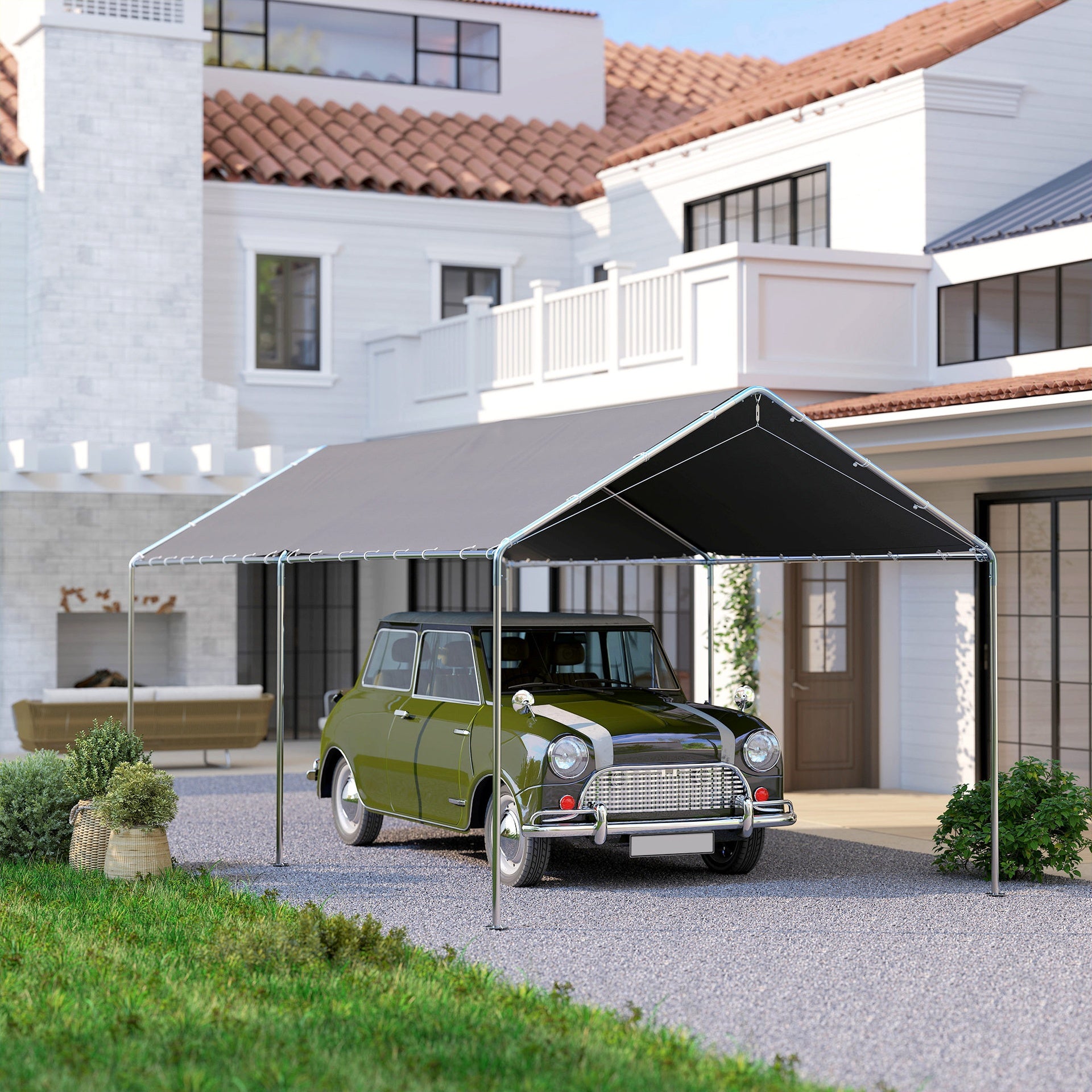 Outsunny 9.6' x 19.5' Carport Heavy Duty Galvanized Car Canopy w/ Included Anchor Kit, 3 Reinforced Steel Cables, Gray