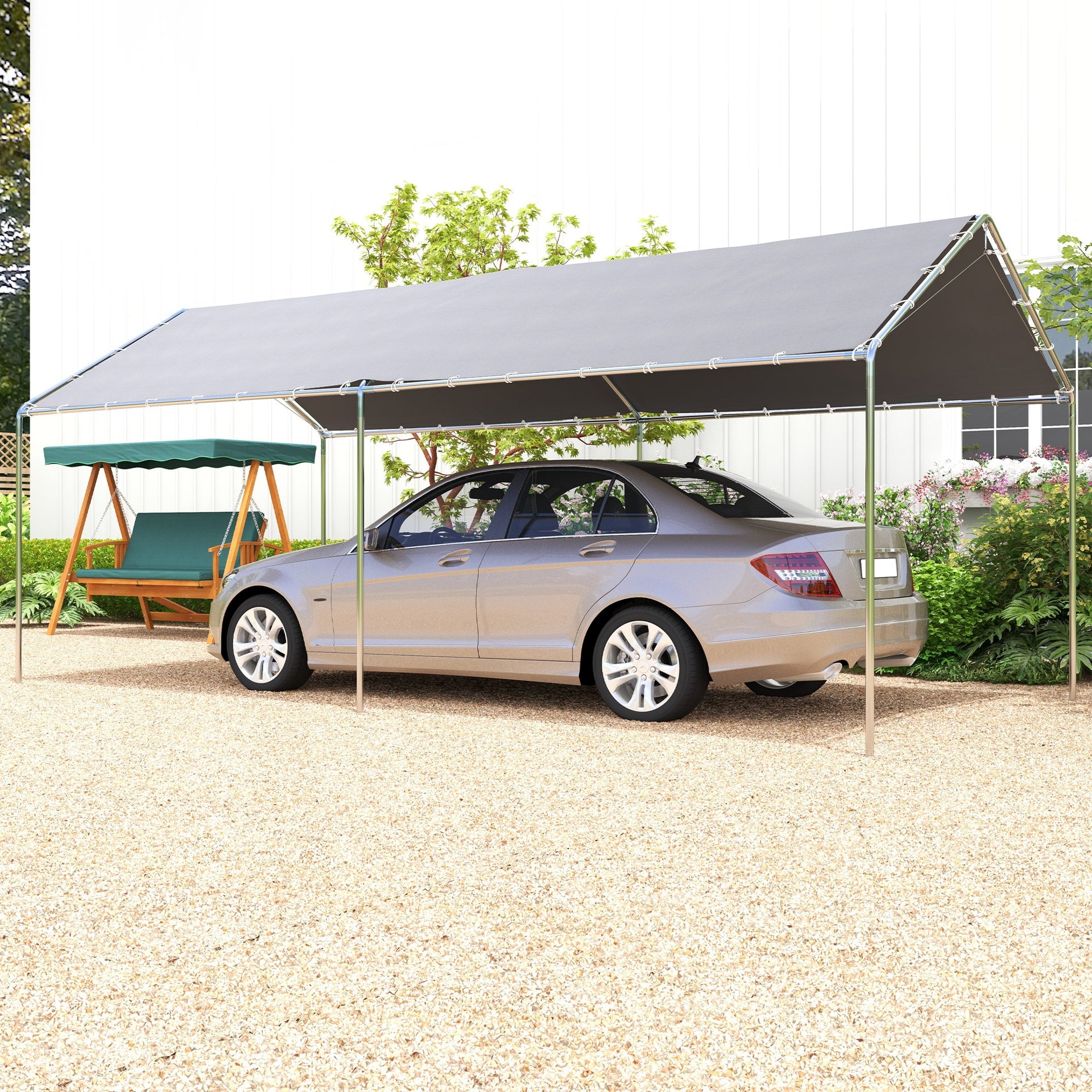 Outsunny 9.6' x 19.5' Carport Heavy Duty Galvanized Car Canopy w/ Included Anchor Kit, 3 Reinforced Steel Cables, Gray