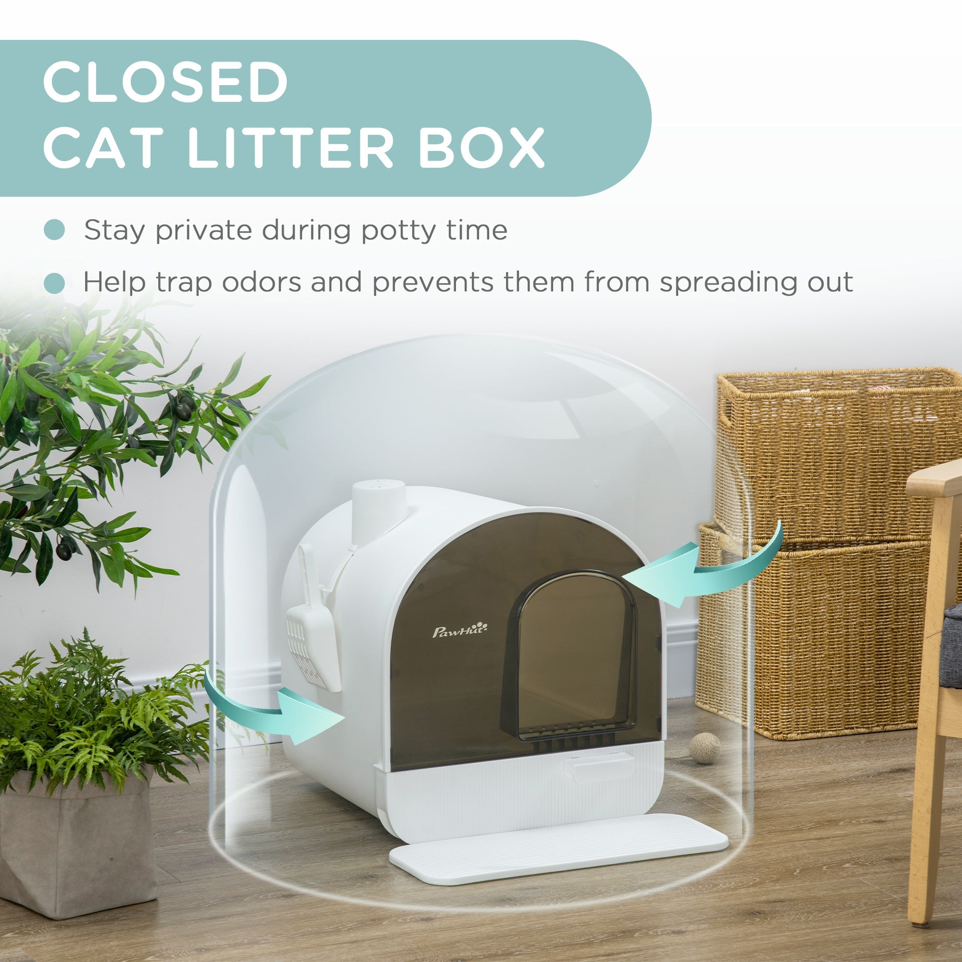 PawHut Cat Litter Box with Lid with Scoop and Filter, White