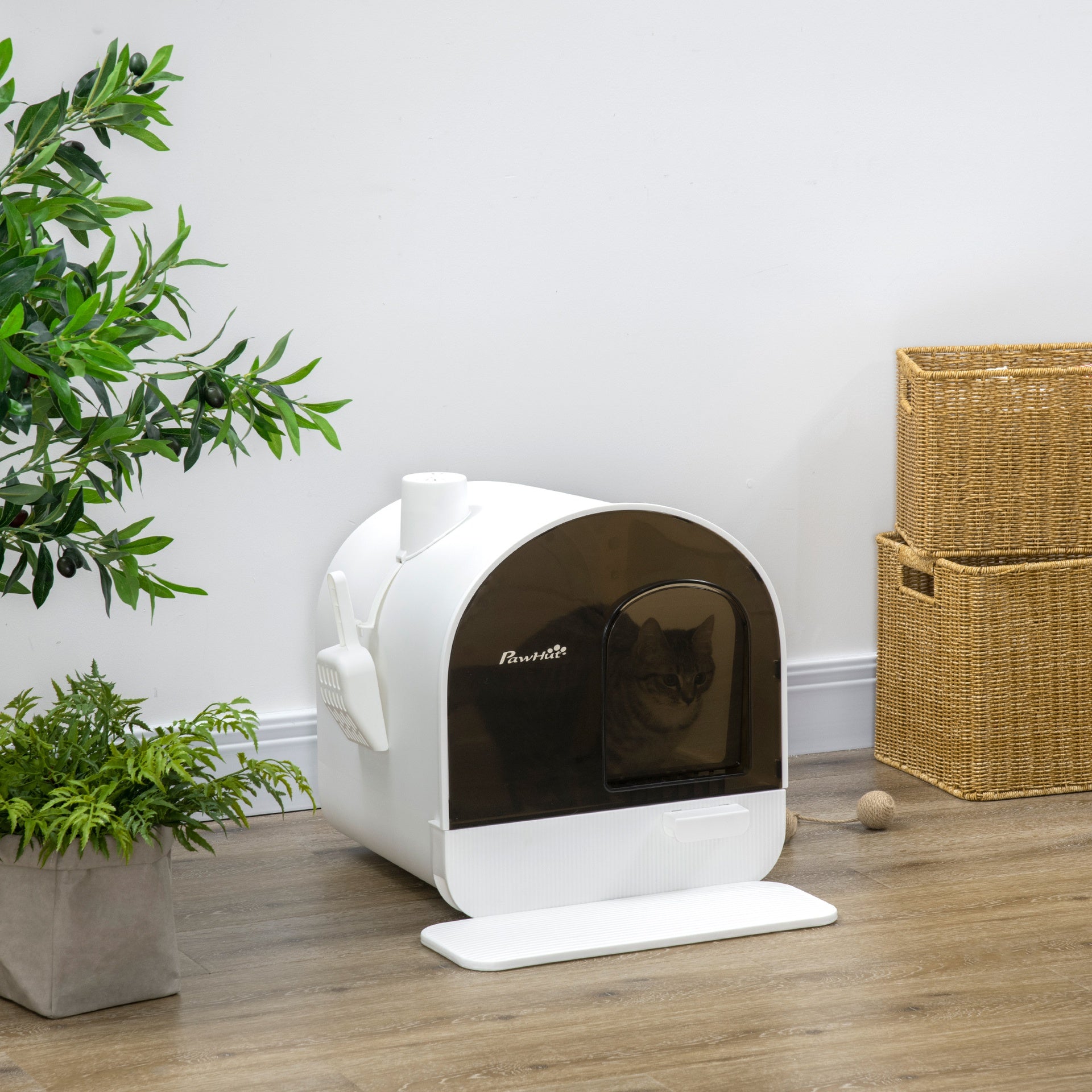PawHut Cat Litter Box with Lid with Scoop and Filter, White