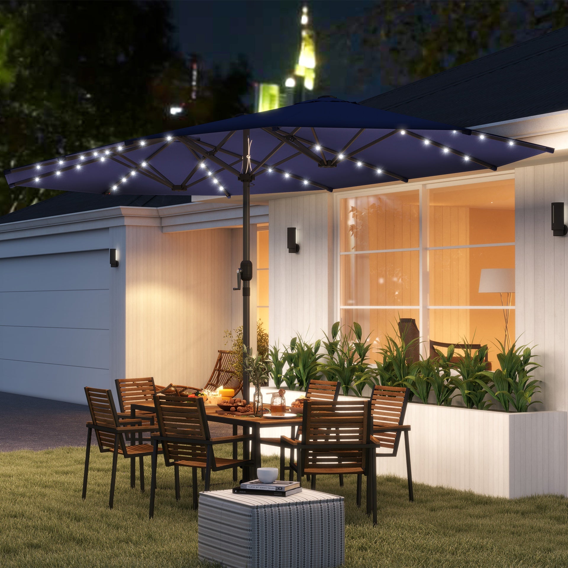 Outsunny Garden Parasol, Double-Sided Sun Umbrella with LED Solar Lights, Patio Parasol for Outdoor, Navy Blue