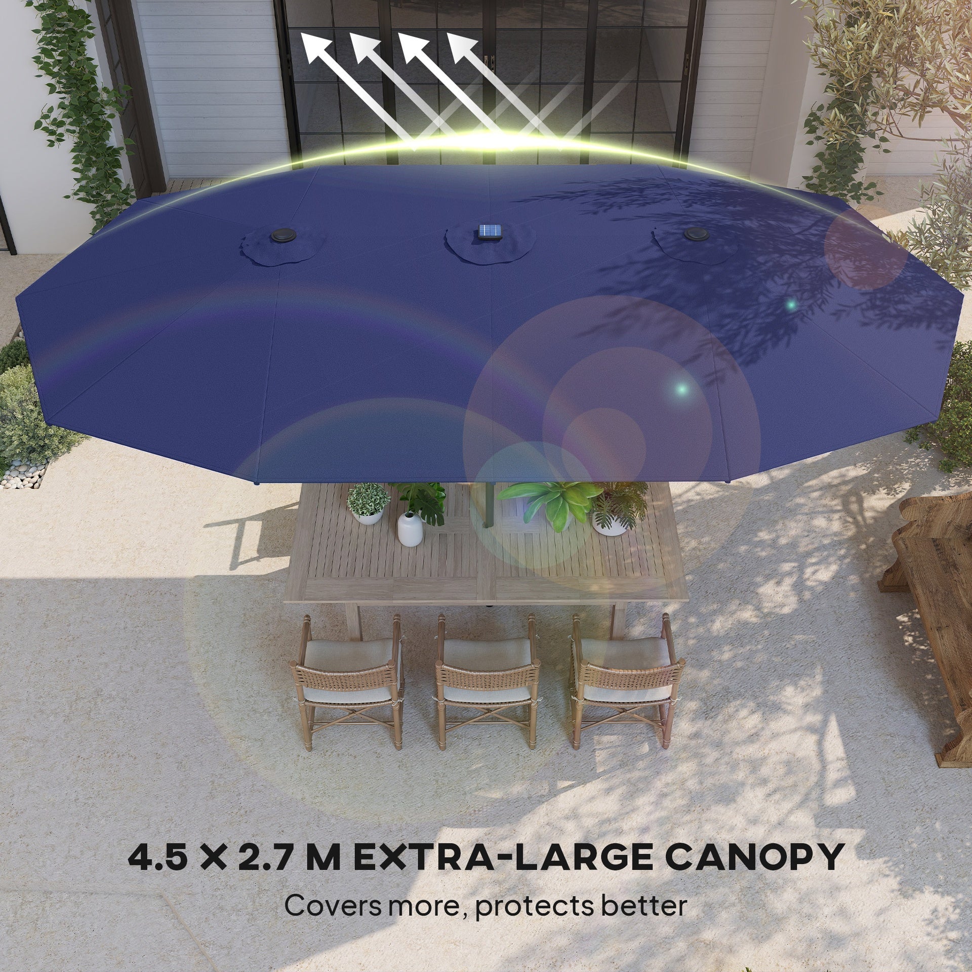 Outsunny Garden Parasol, Double-Sided Sun Umbrella with LED Solar Lights, Patio Parasol for Outdoor, Navy Blue