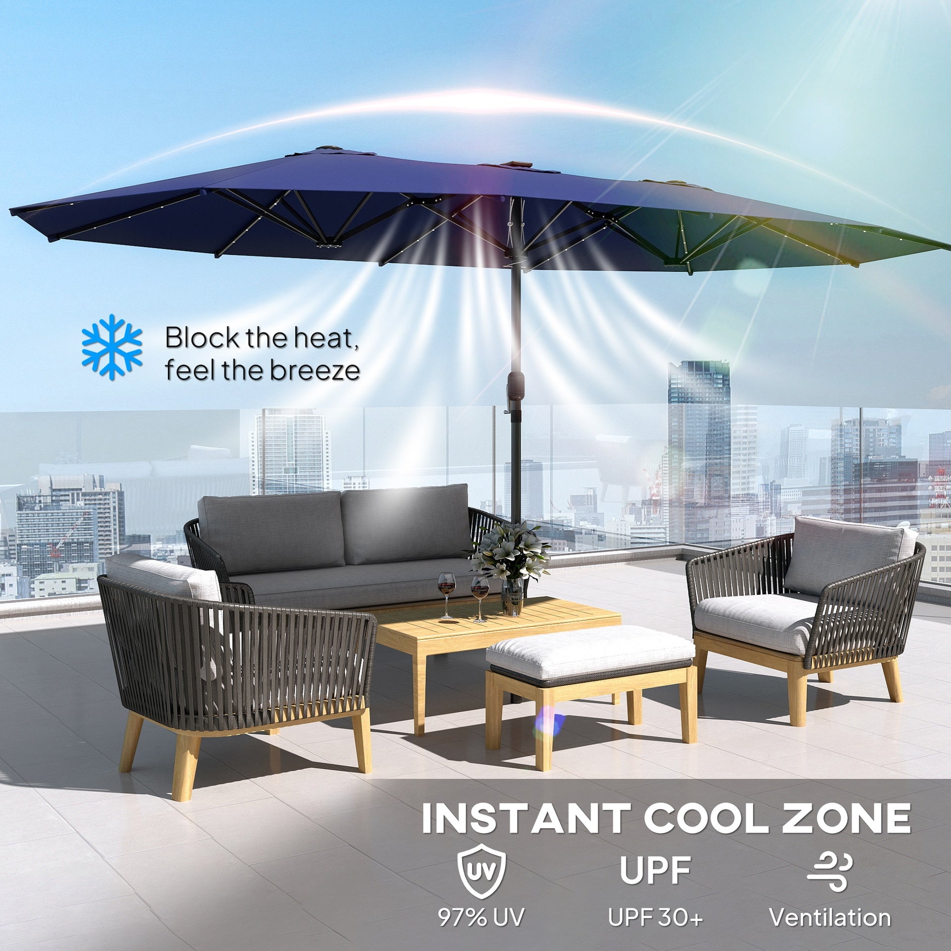 Outsunny Garden Parasol, Double-Sided Sun Umbrella with LED Solar Lights, Patio Parasol for Outdoor, Navy Blue
