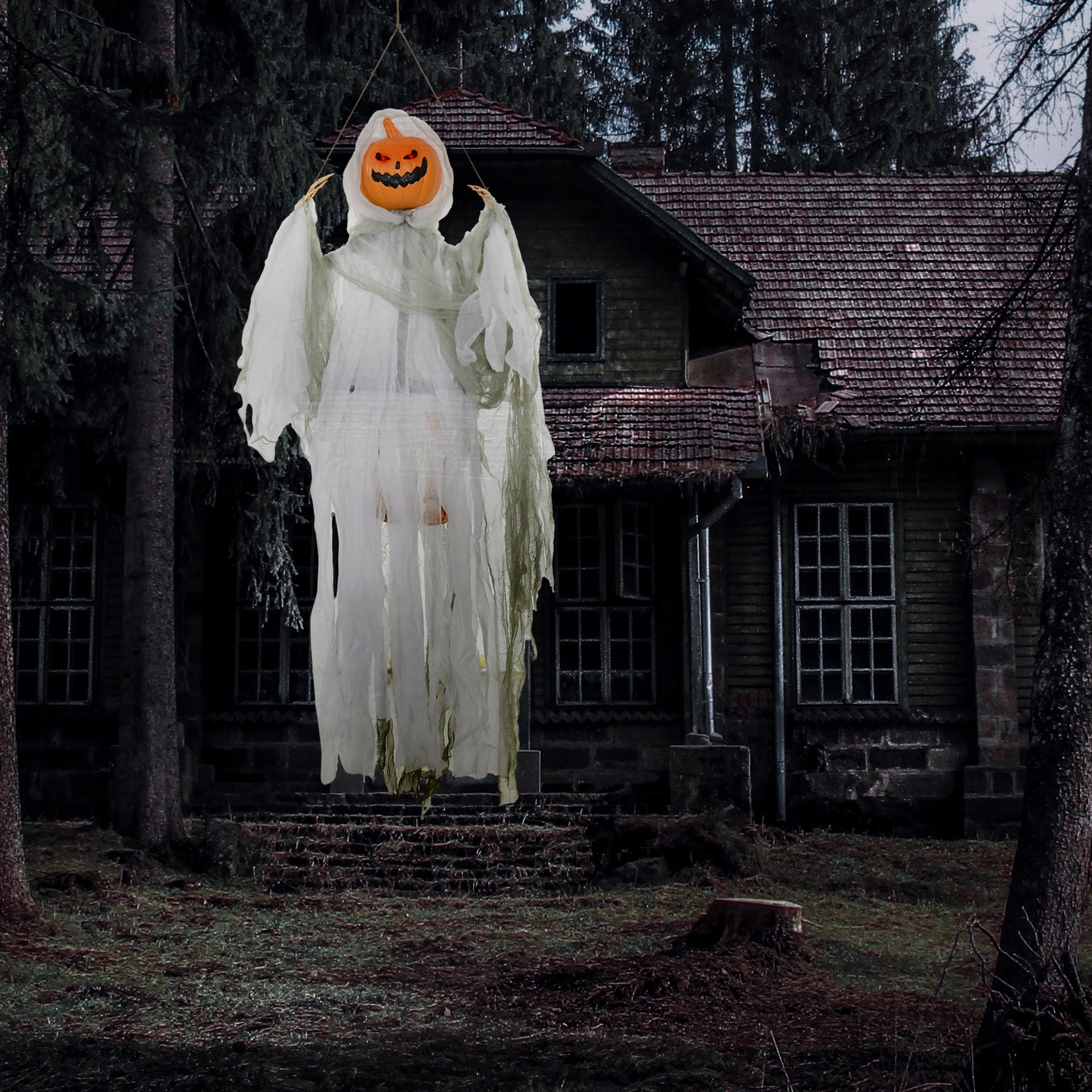 HOMCOM 3.9' Outdoor Halloween Hanging Pumpkin Ghost w/ Light Up Eyes, Sound Activated Prop w/ Creepy Howling Sounds