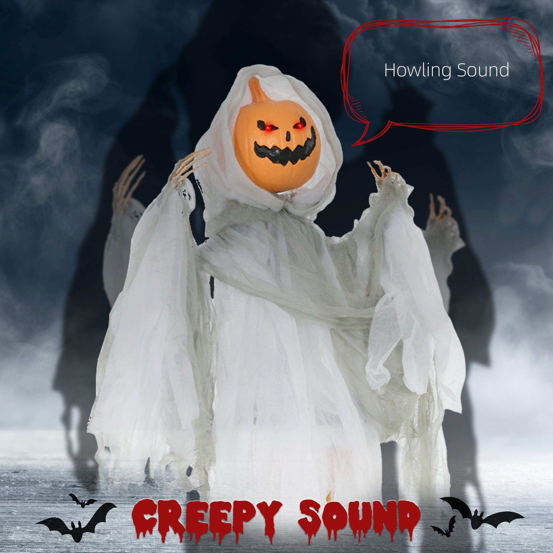 HOMCOM 3.9' Outdoor Halloween Hanging Pumpkin Ghost w/ Light Up Eyes, Sound Activated Prop w/ Creepy Howling Sounds