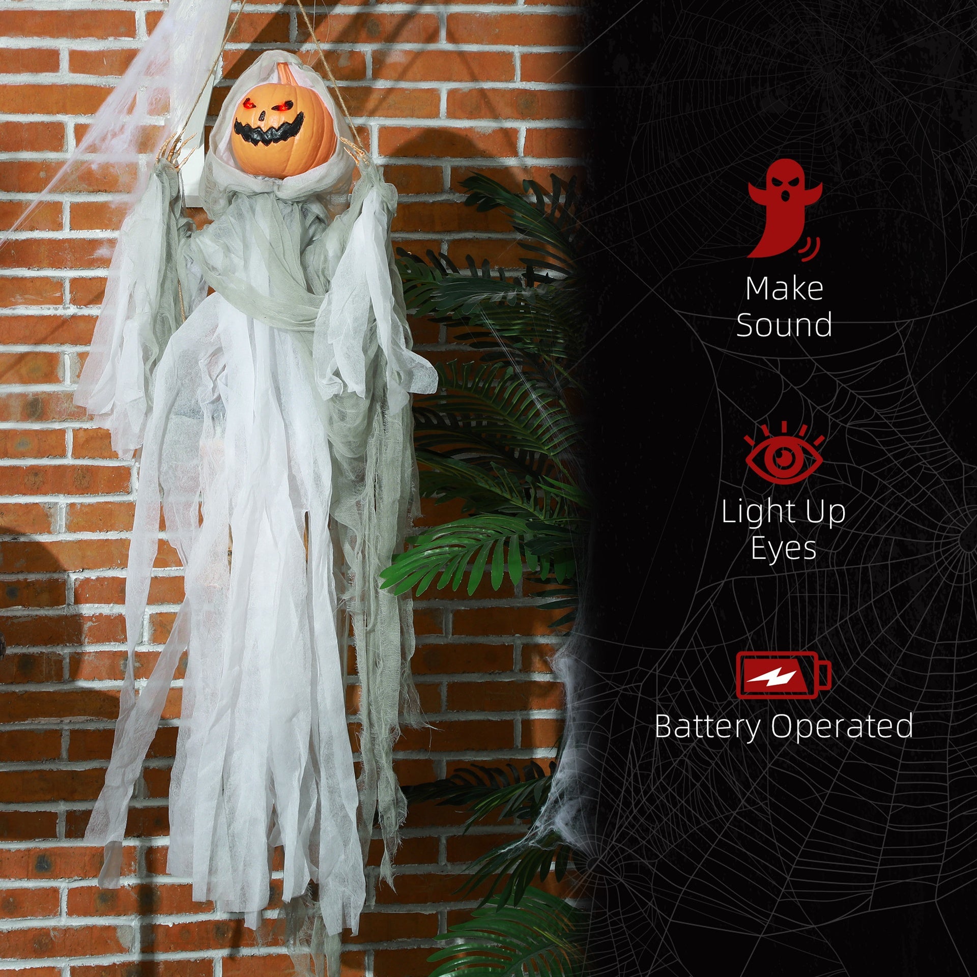 HOMCOM 3.9' Outdoor Halloween Hanging Pumpkin Ghost w/ Light Up Eyes, Sound Activated Prop w/ Creepy Howling Sounds