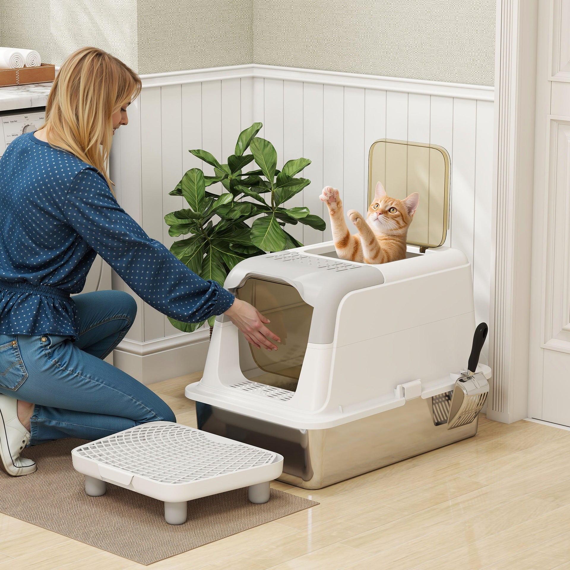 PawHut Extra Large Stainless Steel Litter Box, Enclosed Cat Litter Box with Scoop, Deodorizer Bag, Sand Drop Pedal