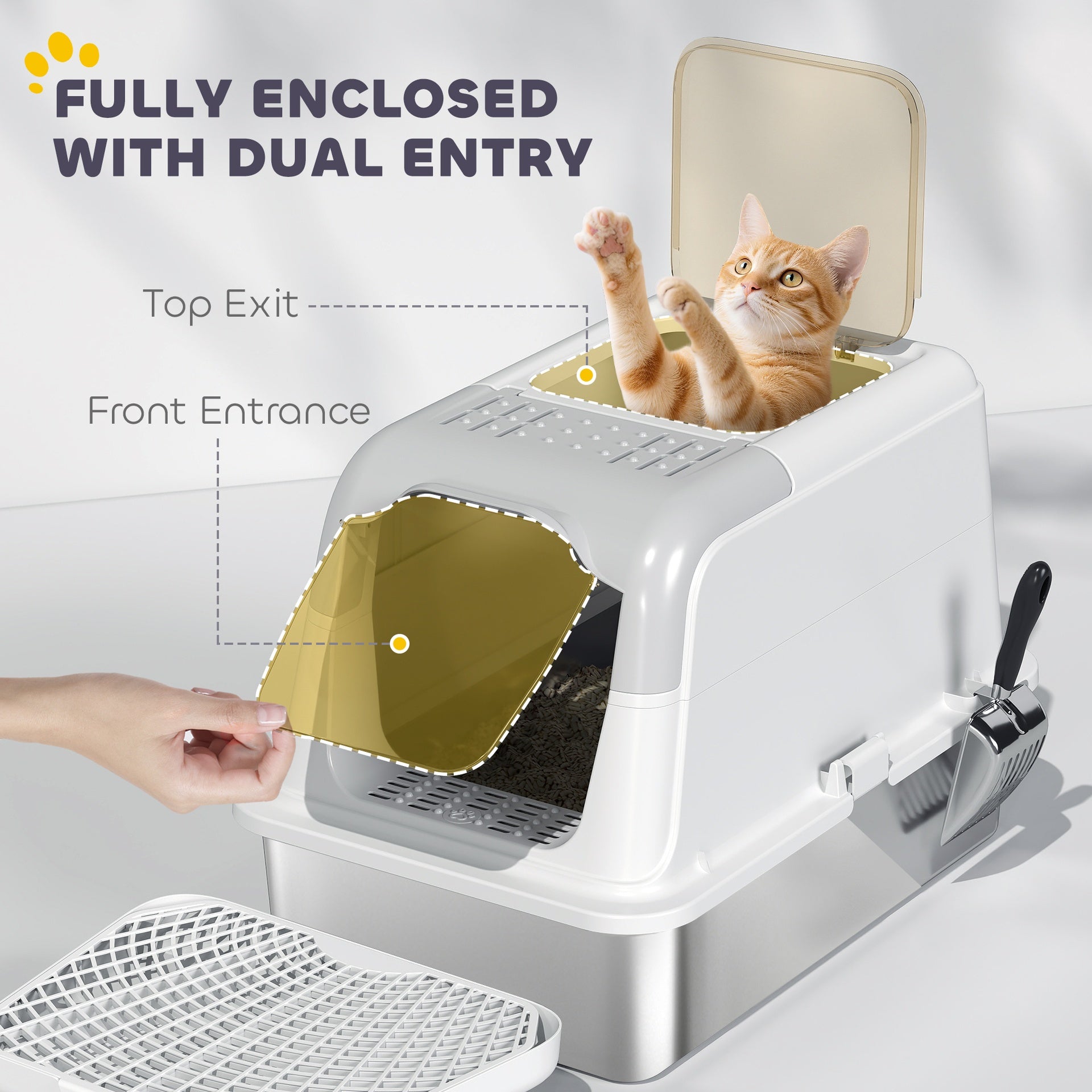 PawHut Extra Large Stainless Steel Litter Box, Enclosed Cat Litter Box with Scoop, Deodorizer Bag, Sand Drop Pedal