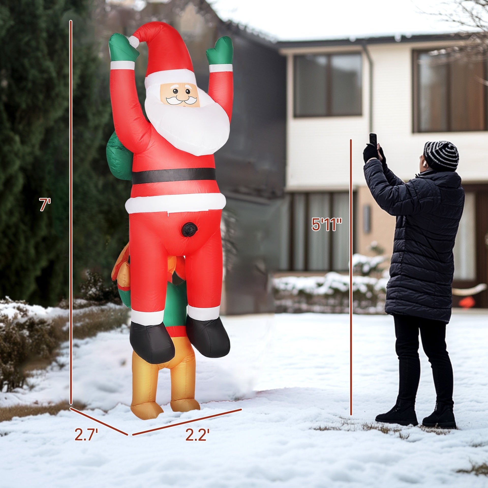 Outsunny 7FT Hanging Christmas Inflatable Santa with Dog, Christmas Blow Up Decoration with Built-in LED Lights for Garden