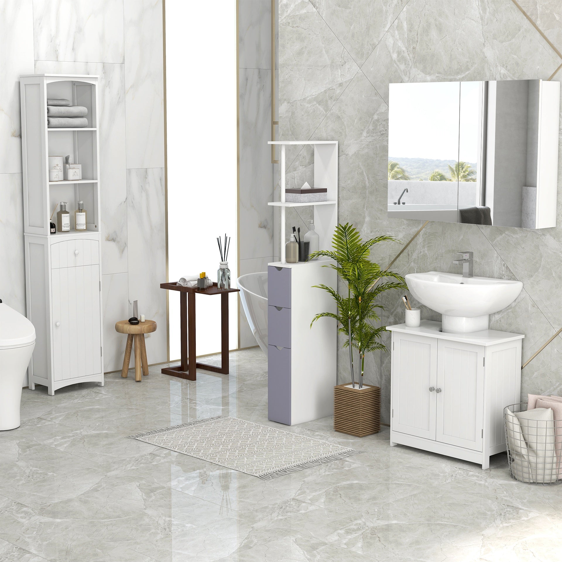 HOMCOM 24" Under Sink Storage Cabinet with 2 Doors and Shelves, Pedestal Sink Bathroom Vanity Furniture, White