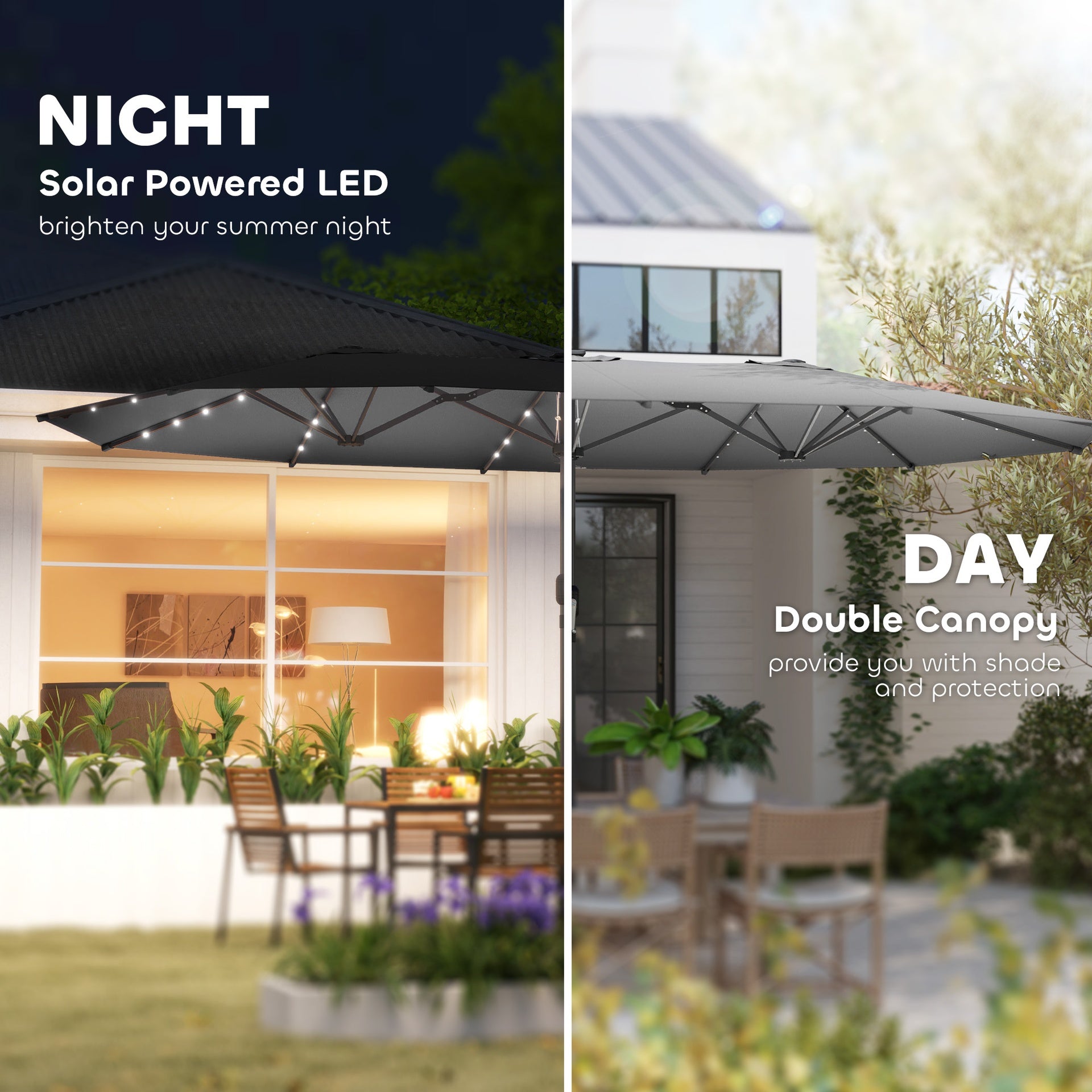 Outsunny Garden Parasol, Double-Sided Sun Umbrella with LED Solar Lights, Patio Parasol for Outdoor, Gray