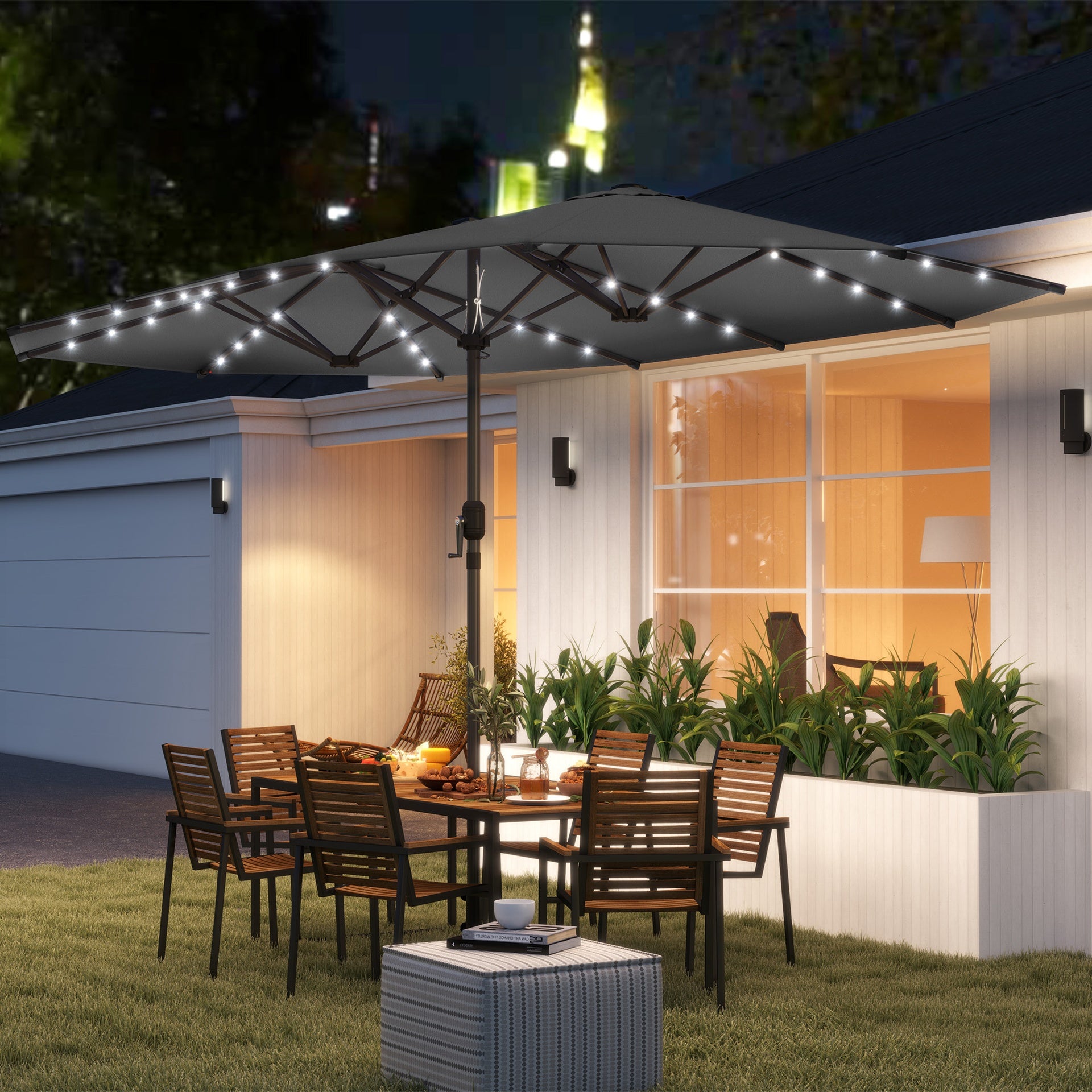 Outsunny Garden Parasol, Double-Sided Sun Umbrella with LED Solar Lights, Patio Parasol for Outdoor, Gray