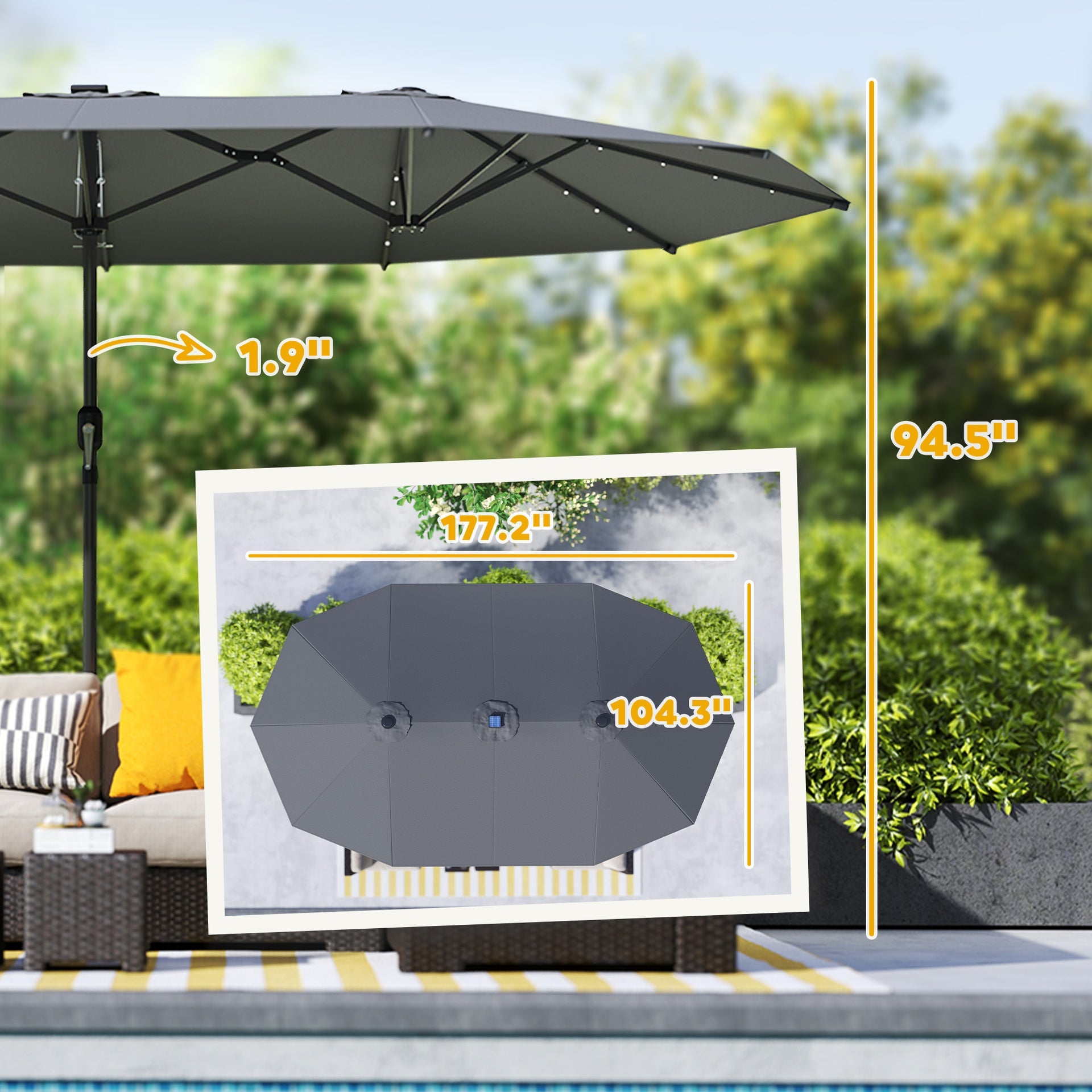 Outsunny Garden Parasol, Double-Sided Sun Umbrella with LED Solar Lights, Patio Parasol for Outdoor, Gray