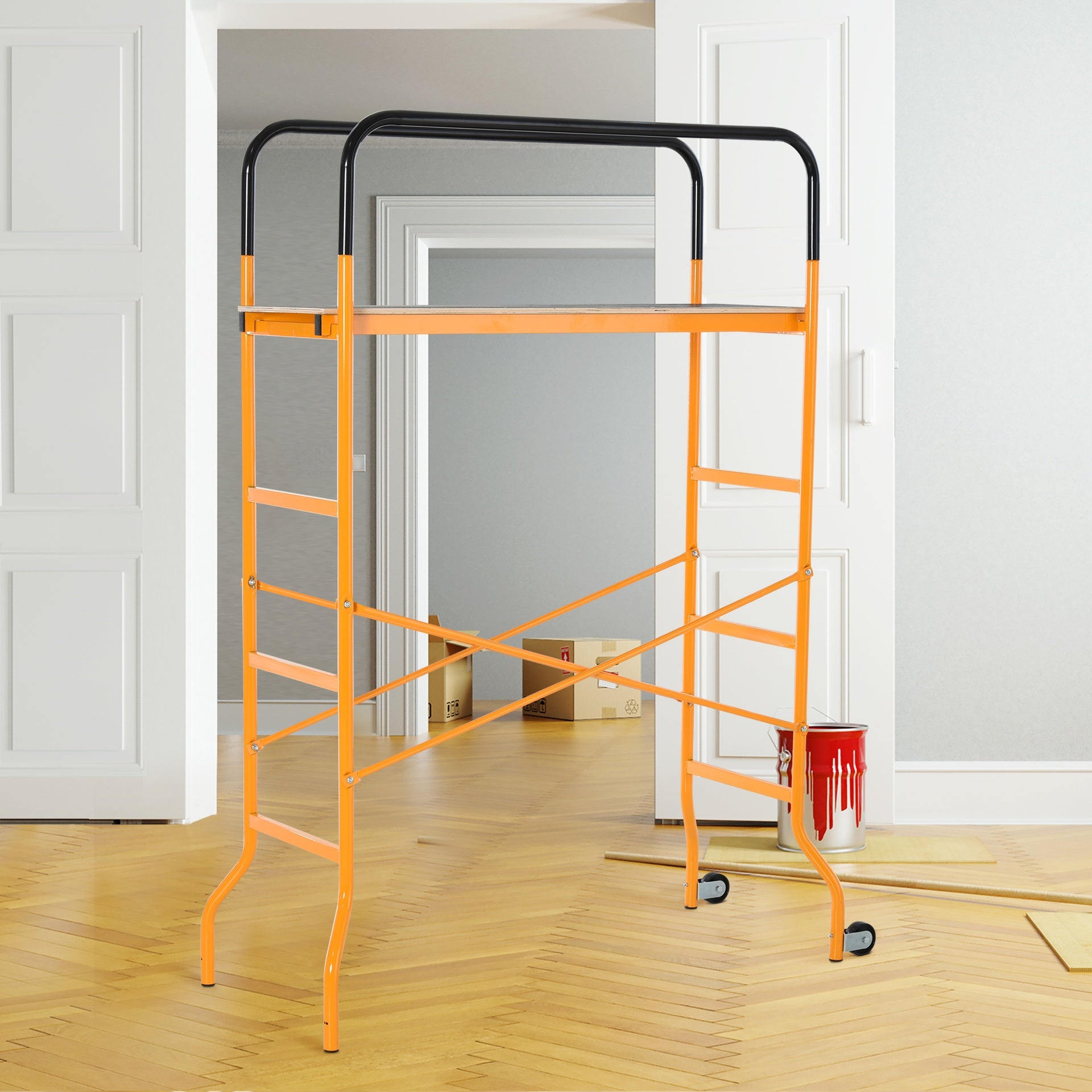 HOMCOM 4-Step Steel 4.6 x 2 x 6 ft. Scaffold 2 Wheels Free Moving for Indoor & Outdoor Decoration Anti-Skid, 440 Pound Capacity