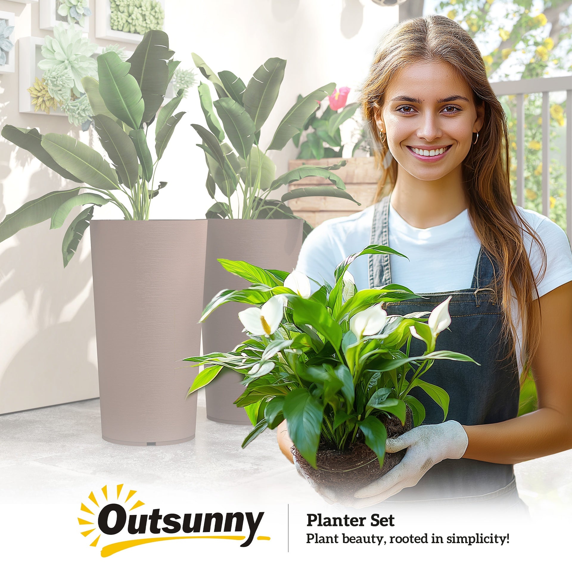 Outsunny 29 Inch Outdoor Planter, Set of 2 Plastic Flower Pots, Weather and UV Resistant Stackable Large Planters, Brown