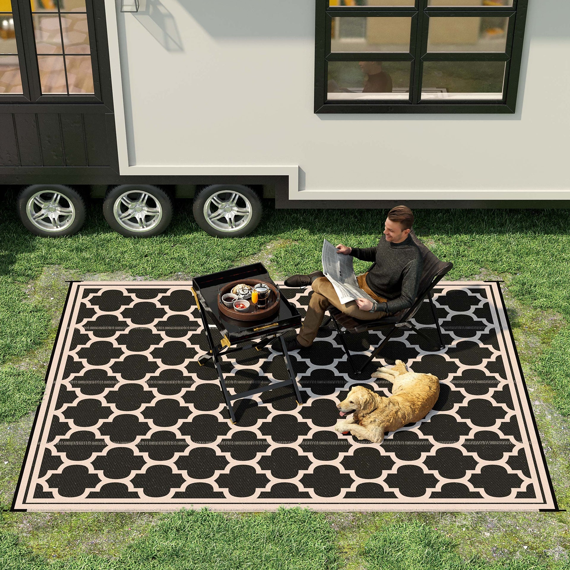 Outsunny Reversible Polypropylene Outdoor Rug Folding, Durable, Perfect for Camping, Deck & Beach Black