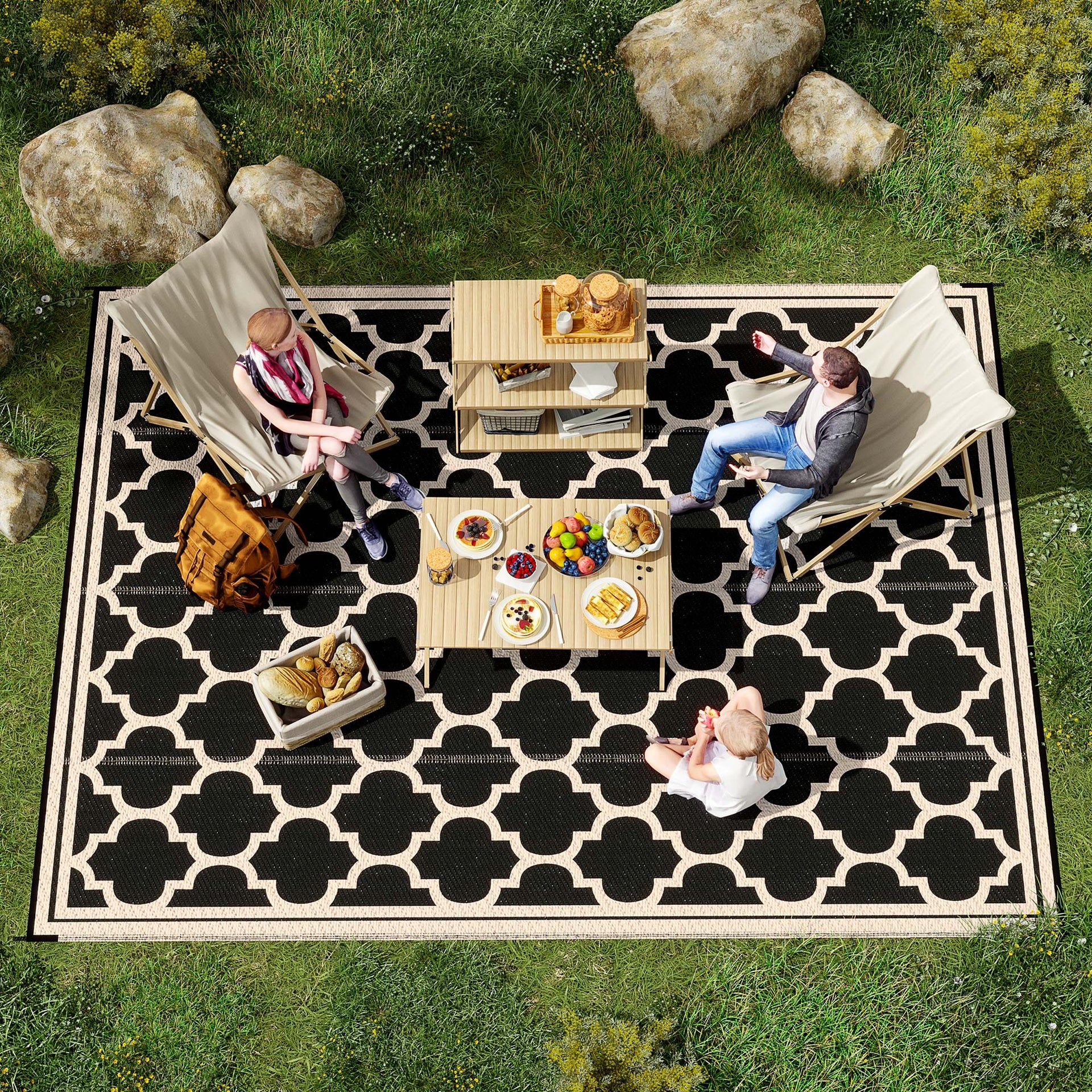Outsunny Reversible Polypropylene Outdoor Rug Folding, Durable, Perfect for Camping, Deck & Beach Black
