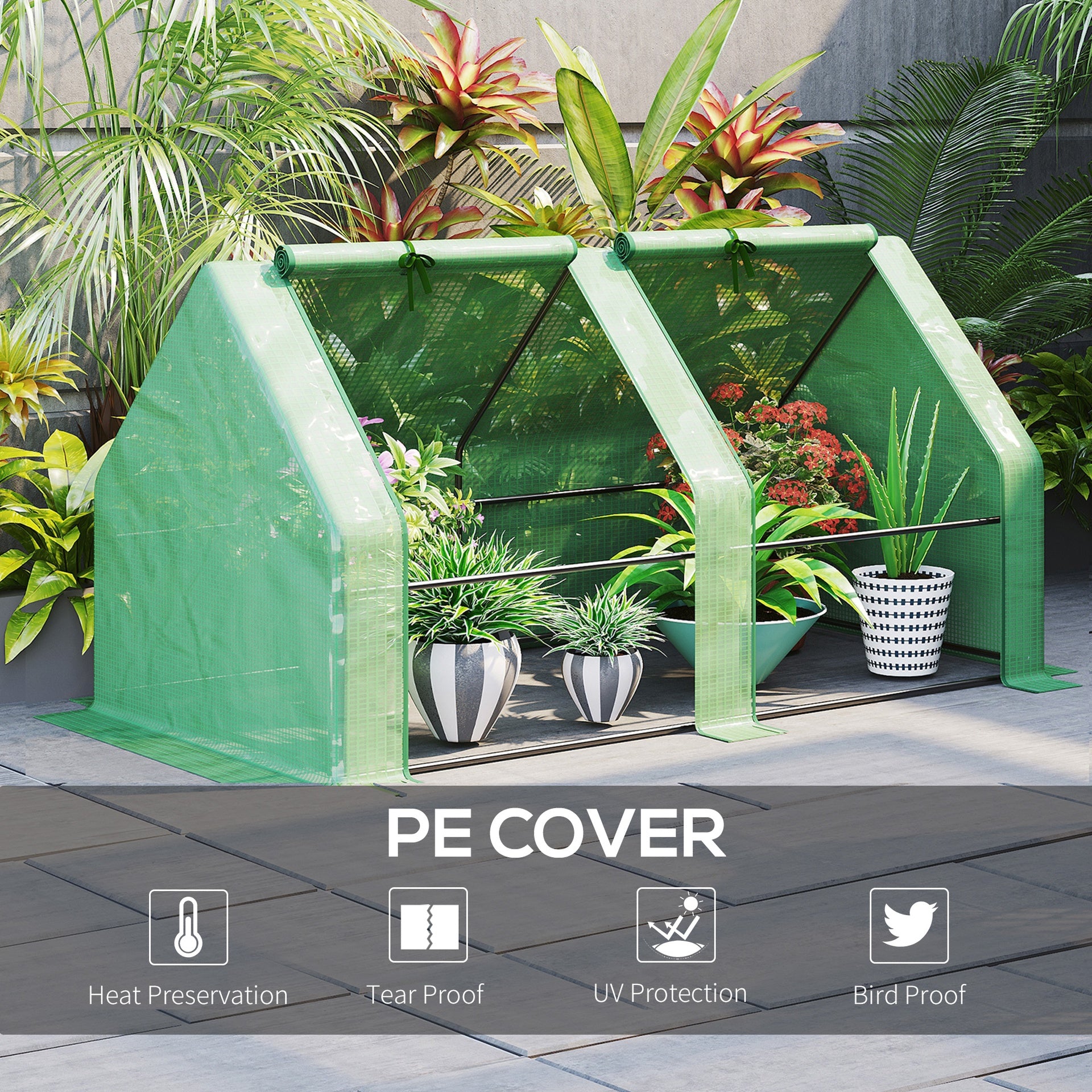 Outsunny Portable Mini Greenhouse, Outdoor Garden with Large Zipper Doors and Water/UV PE Cover, 6' x 3' x 3', Green