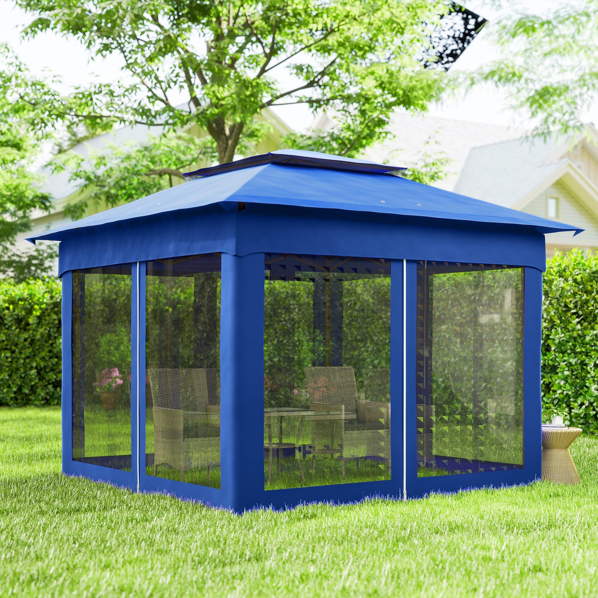 Outsunny Outdoor Patio Pop Up Canopy Gazebo Shelter with Zipper Netting, Carry Bag, 11' x 11', Blue