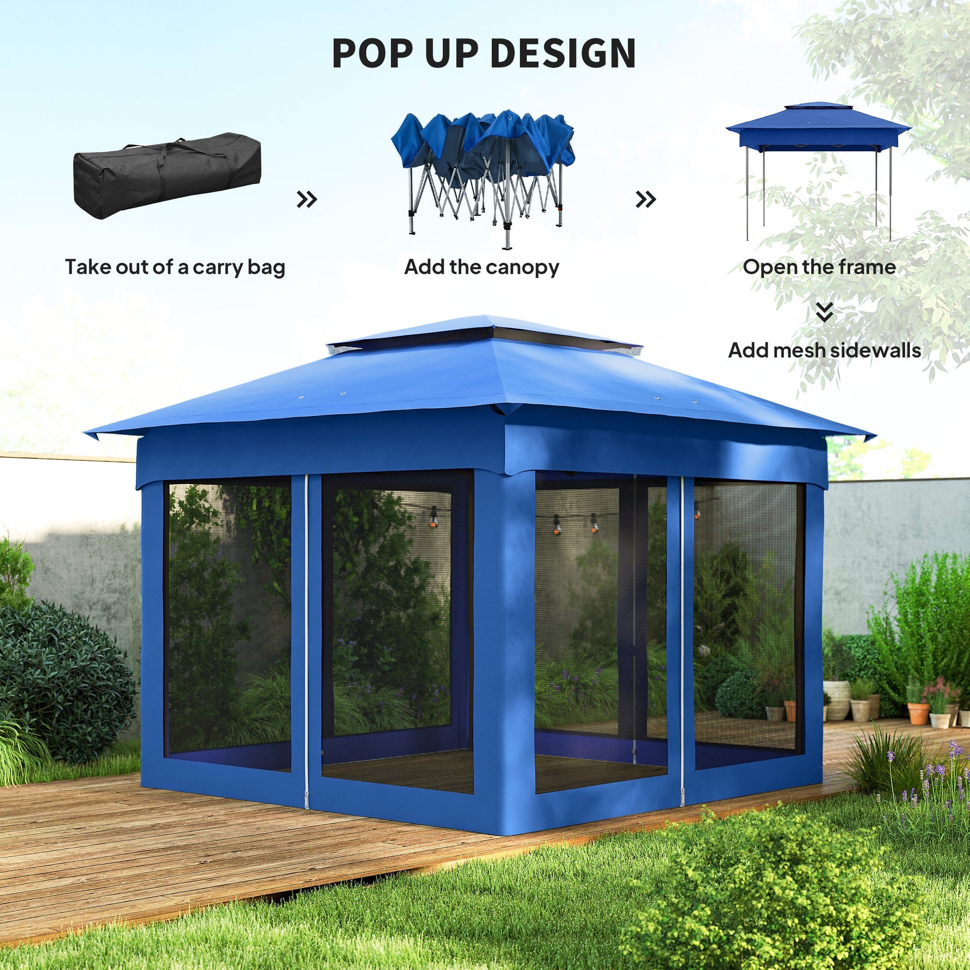Outsunny Outdoor Patio Pop Up Canopy Gazebo Shelter with Zipper Netting, Carry Bag, 11' x 11', Blue