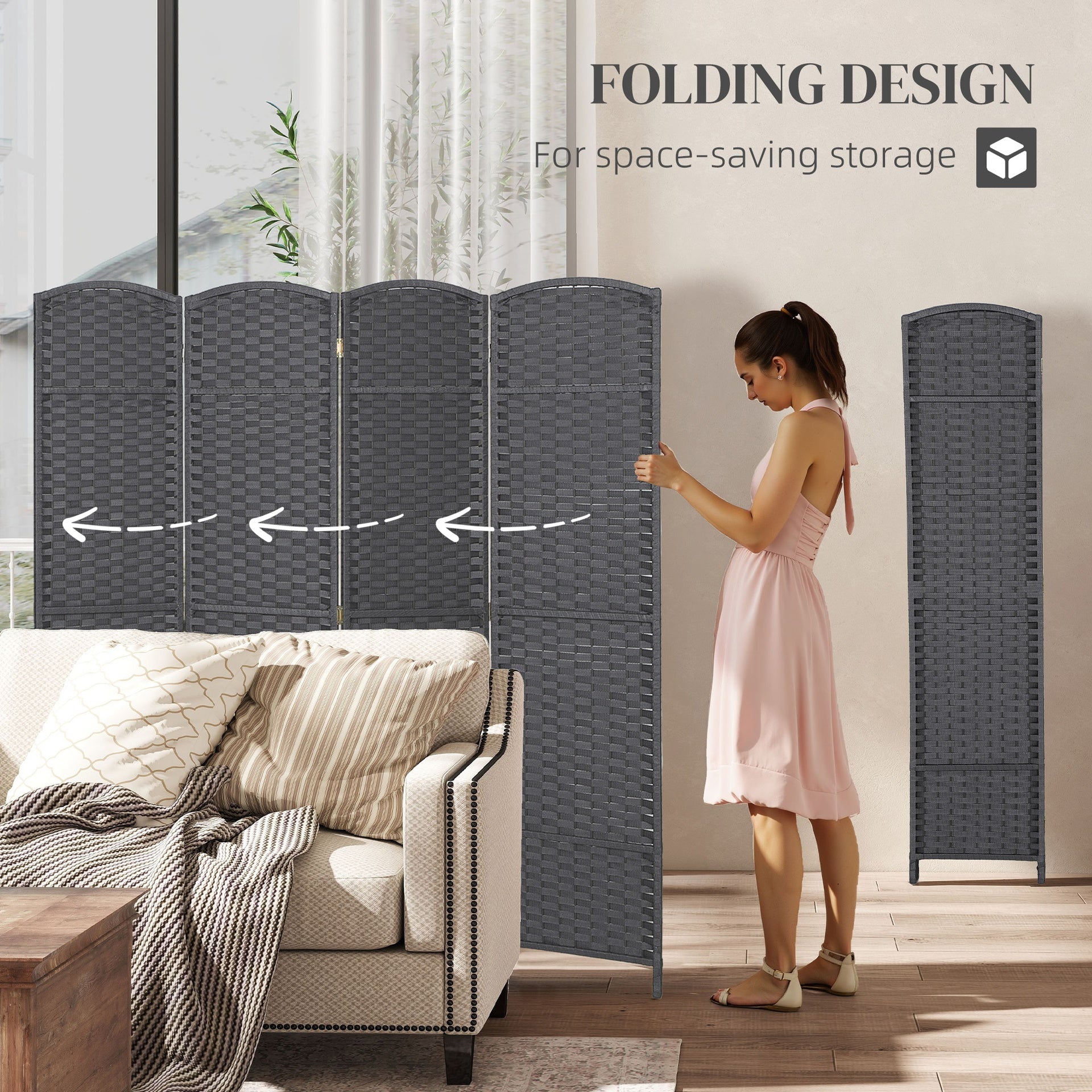 HOMCOM Folding Room Divider Screen 4 Panel 5.6 ' Tall Privacy Screen Freestanding Room Partition for Home Office, Charcoal Gray