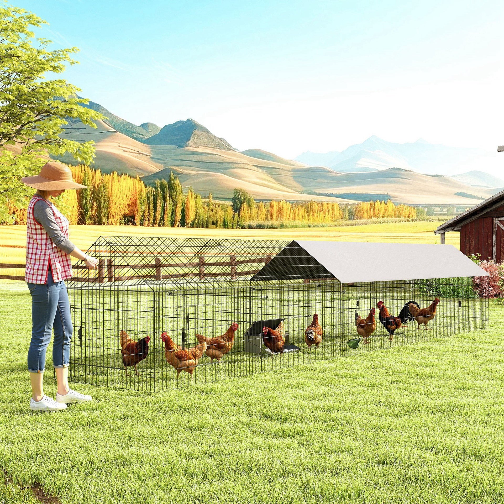 PawHut Metal Chicken Coop, Large Chicken Run with Water-Resistant & Anti-UV Cover for 7-9 Hens, Outdoor Hen House with 10 Doors