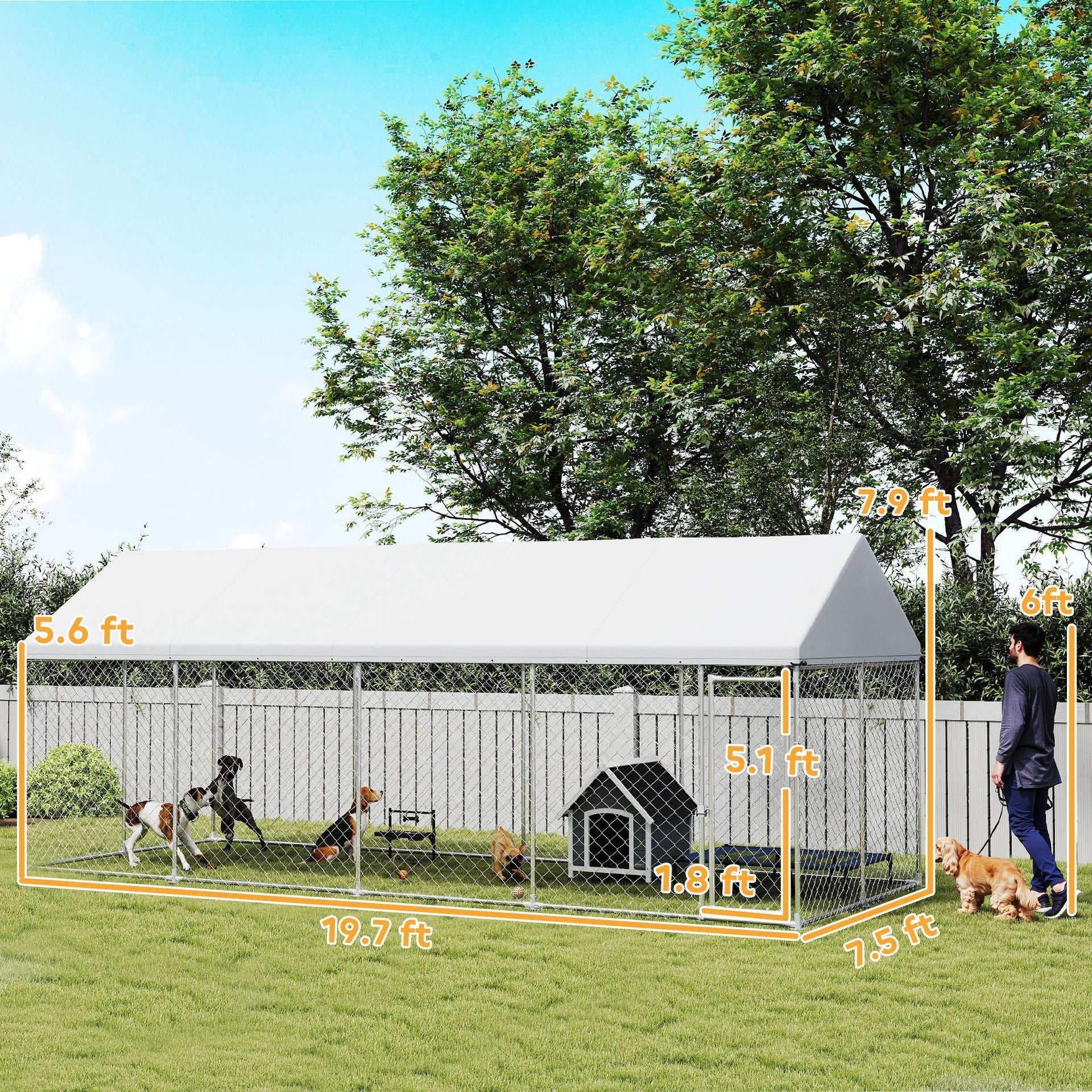 PawHut Heavy Duty Outdoor Dog Kennel with Waterproof Roof, Secure Latch, Chain Link Dog Run for Backyard, 20' x 7.5' x 8'