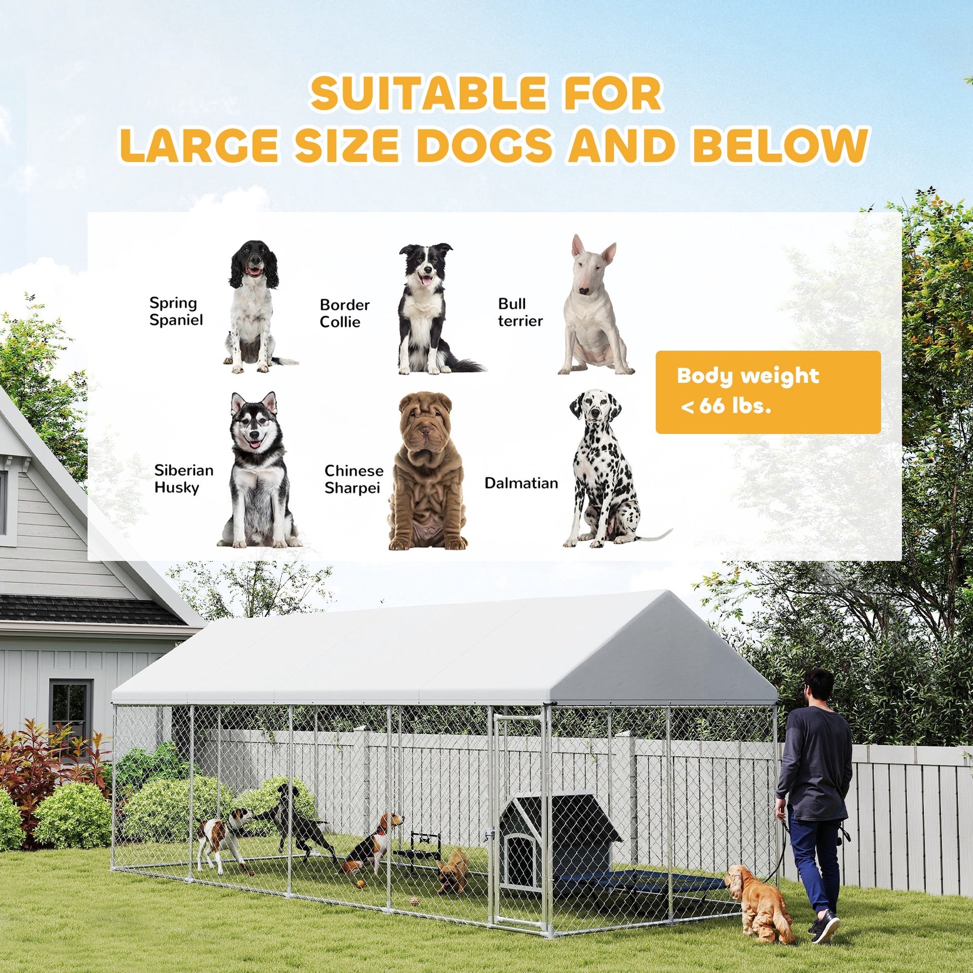 PawHut Heavy Duty Outdoor Dog Kennel with Waterproof Roof, Secure Latch, Chain Link Dog Run for Backyard, 20' x 7.5' x 8'