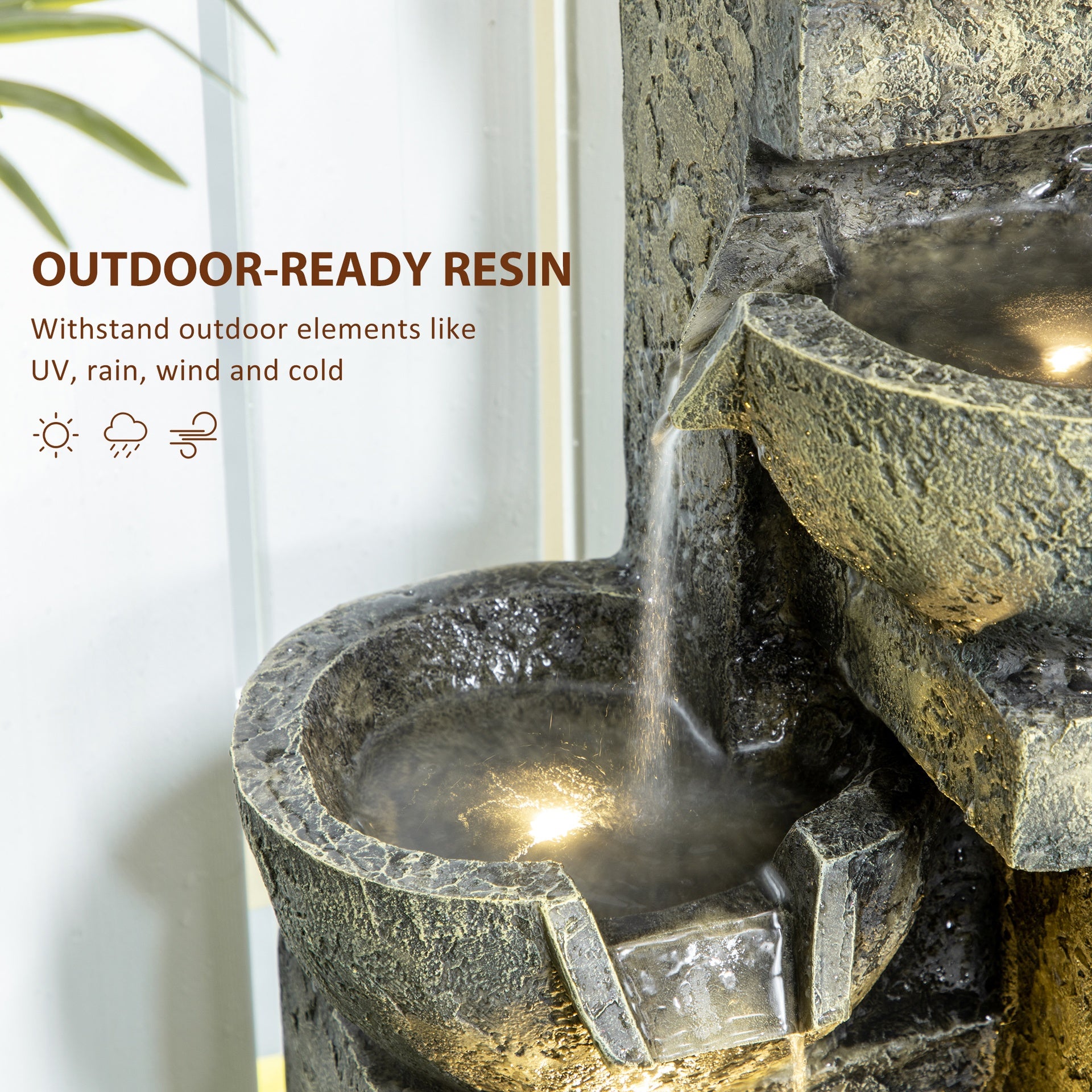 Outsunny Small Outdoor Fountain with 4-Tier Stone Bowls, Adjustable Waterfall Flow & LED Lights, Perfect for Patio & Zen Garden, Gray