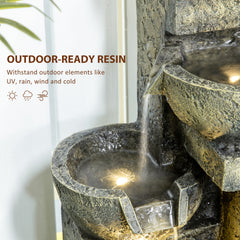Outsunny Small Outdoor Fountain with 4-Tier Stone Bowls, Adjustable Waterfall Flow & LED Lights, Perfect for Patio & Zen Garden, Gray
