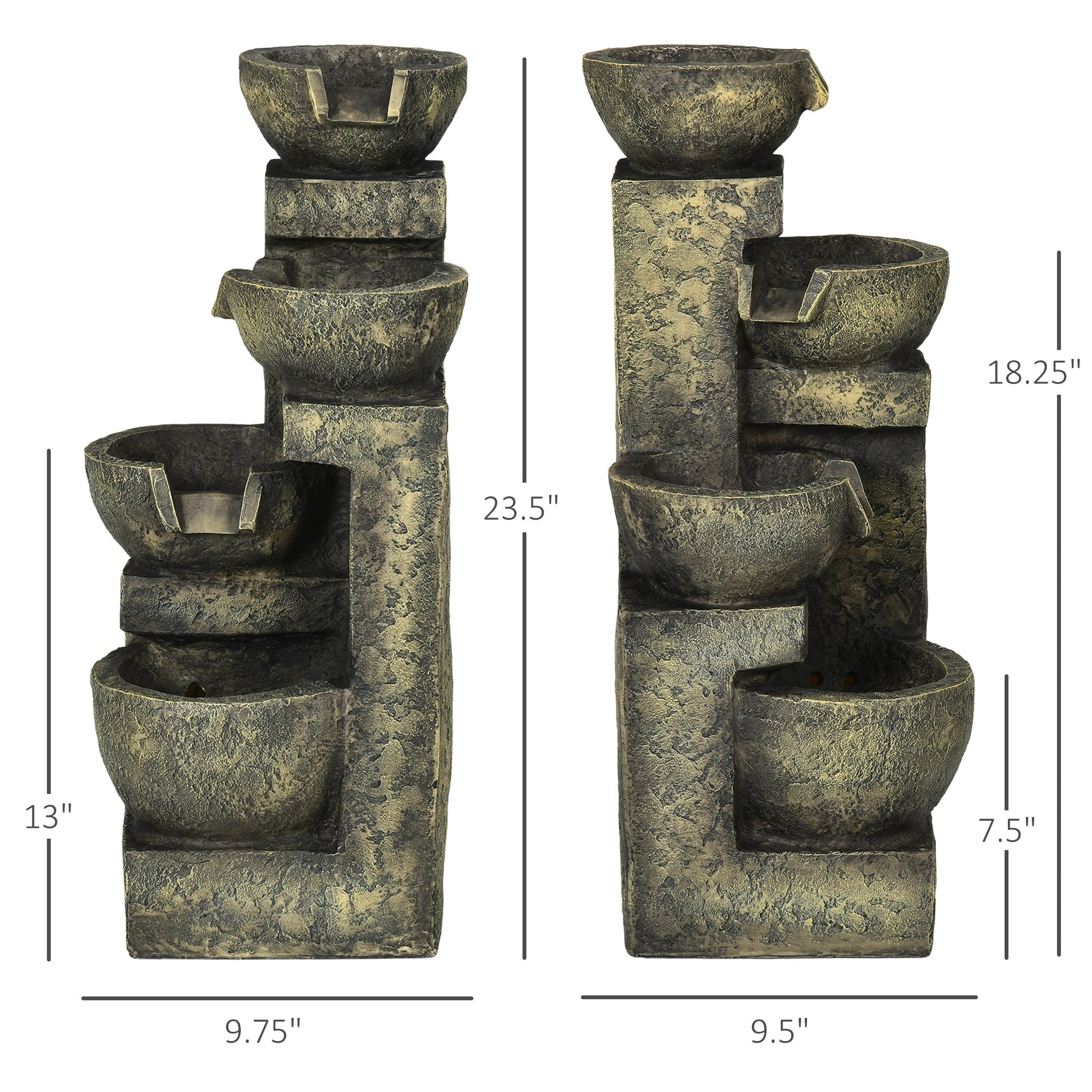 Outsunny Small Outdoor Fountain with 4-Tier Stone Bowls, Adjustable Waterfall Flow & LED Lights, Perfect for Patio & Zen Garden, Gray