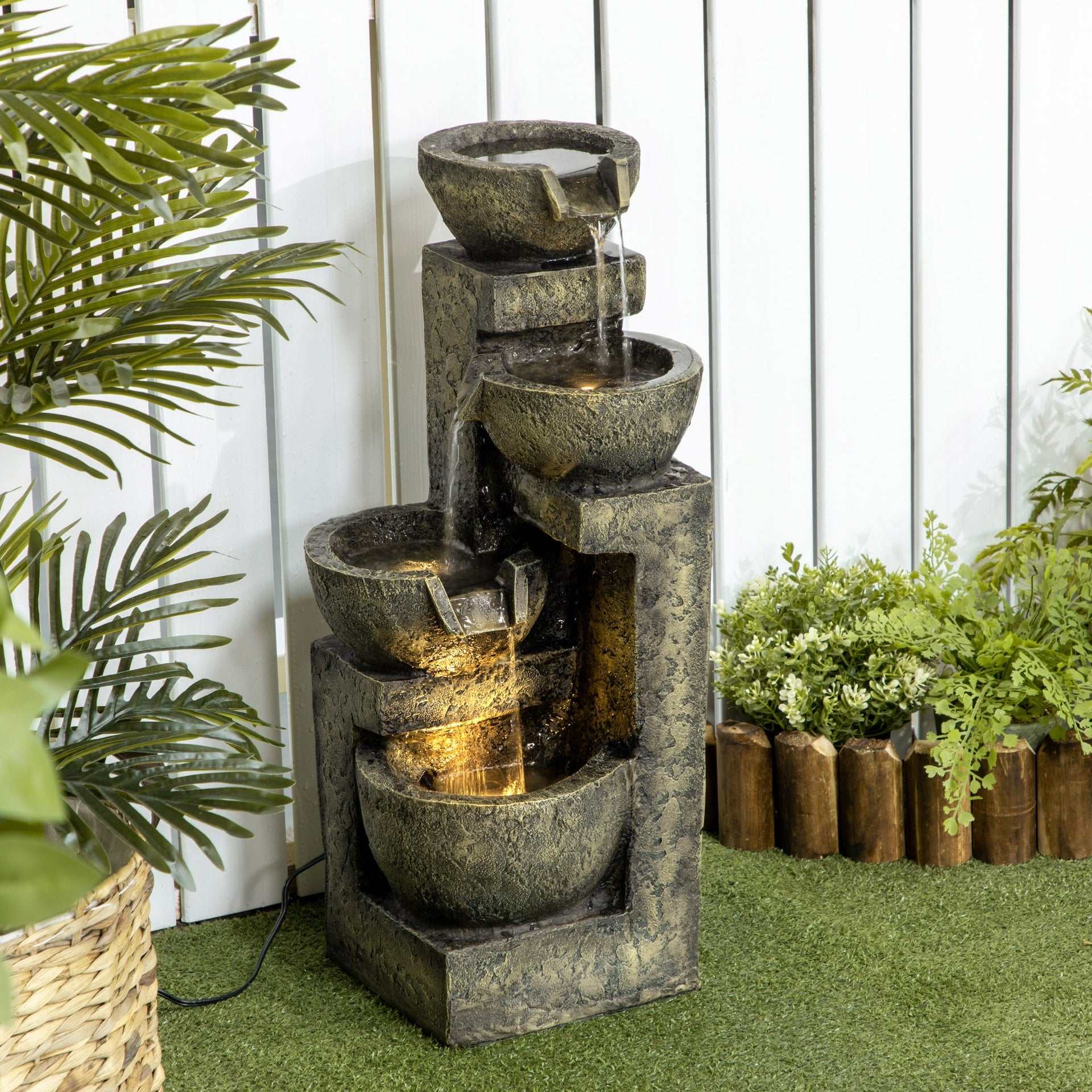 Outsunny Small Outdoor Fountain with 4-Tier Stone Bowls, Adjustable Waterfall Flow & LED Lights, Perfect for Patio & Zen Garden, Gray