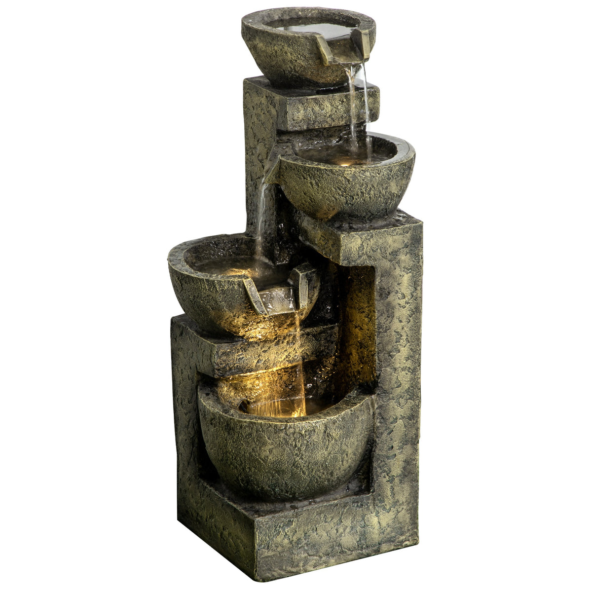 Outsunny Small Outdoor Fountain with 4-Tier Stone Bowls, Adjustable Waterfall Flow & LED Lights, Perfect for Patio & Zen Garden, Gray