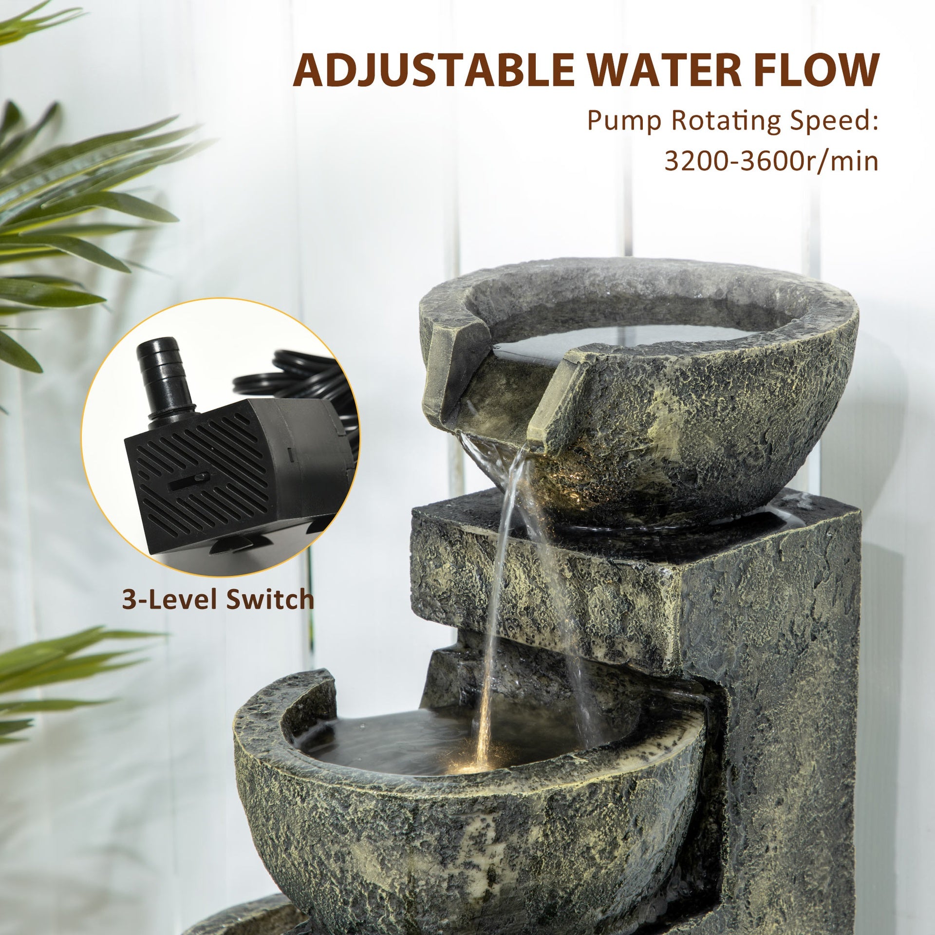 Outsunny Small Outdoor Fountain with 4-Tier Stone Bowls, Adjustable Waterfall Flow & LED Lights, Perfect for Patio & Zen Garden, Gray