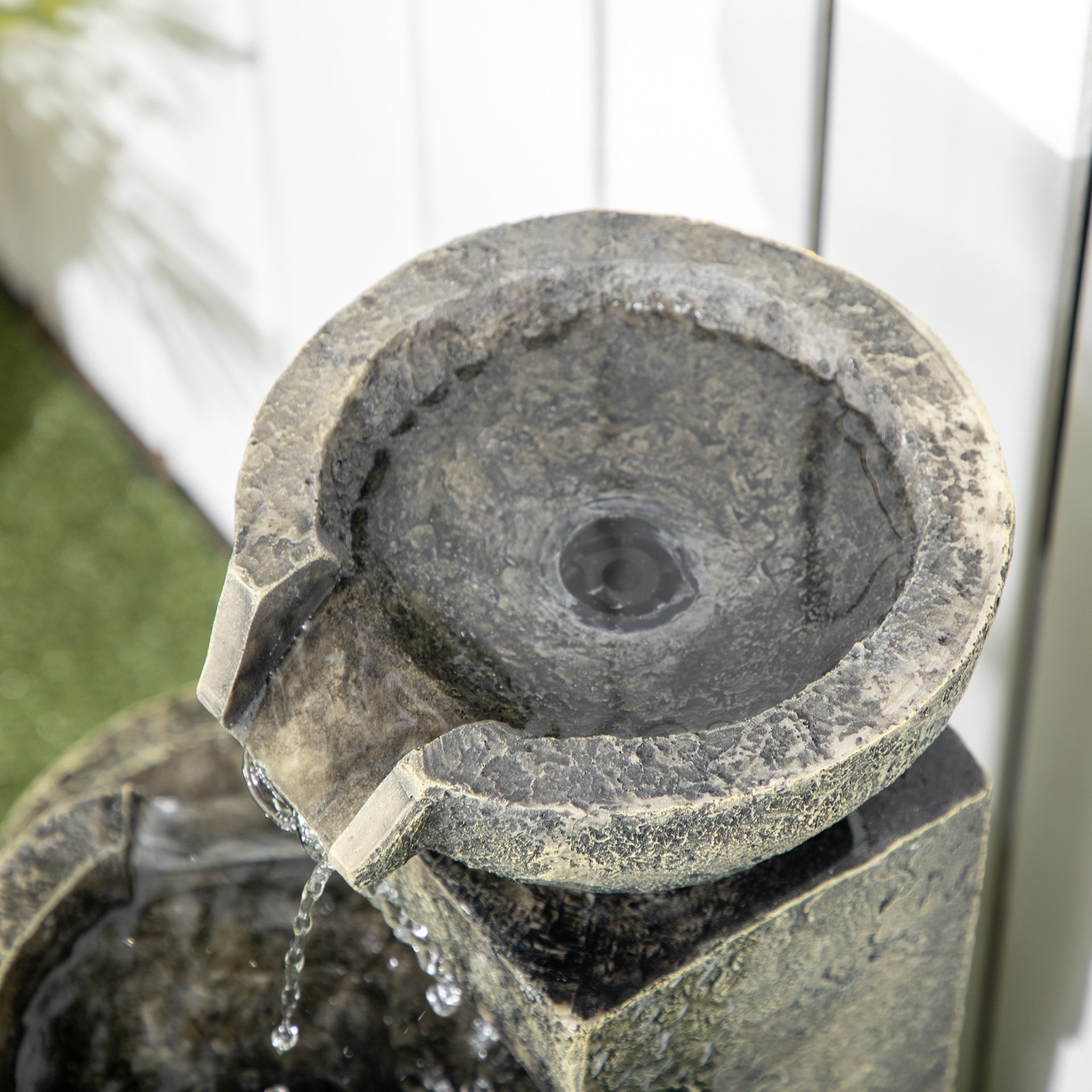 Outsunny Small Outdoor Fountain with 4-Tier Stone Bowls, Adjustable Waterfall Flow & LED Lights, Perfect for Patio & Zen Garden, Gray
