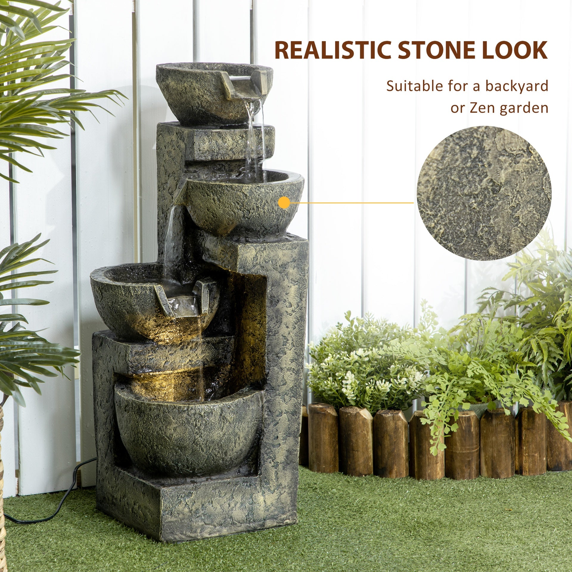 Outsunny Small Outdoor Fountain with 4-Tier Stone Bowls, Adjustable Waterfall Flow & LED Lights, Perfect for Patio & Zen Garden, Gray