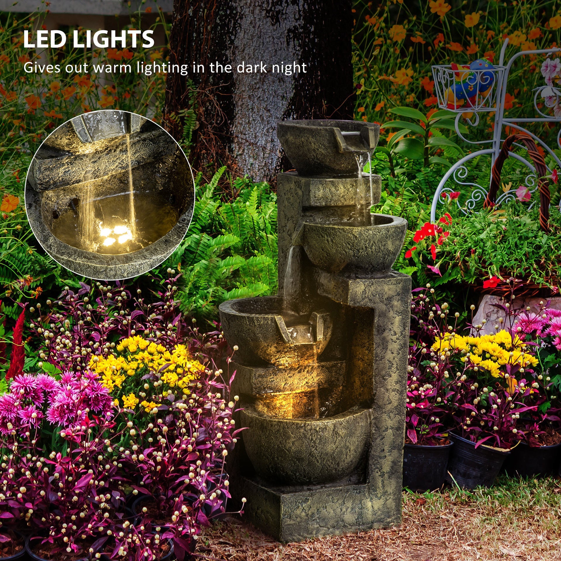 Outsunny Small Outdoor Fountain with 4-Tier Stone Bowls, Adjustable Waterfall Flow & LED Lights, Perfect for Patio & Zen Garden, Gray