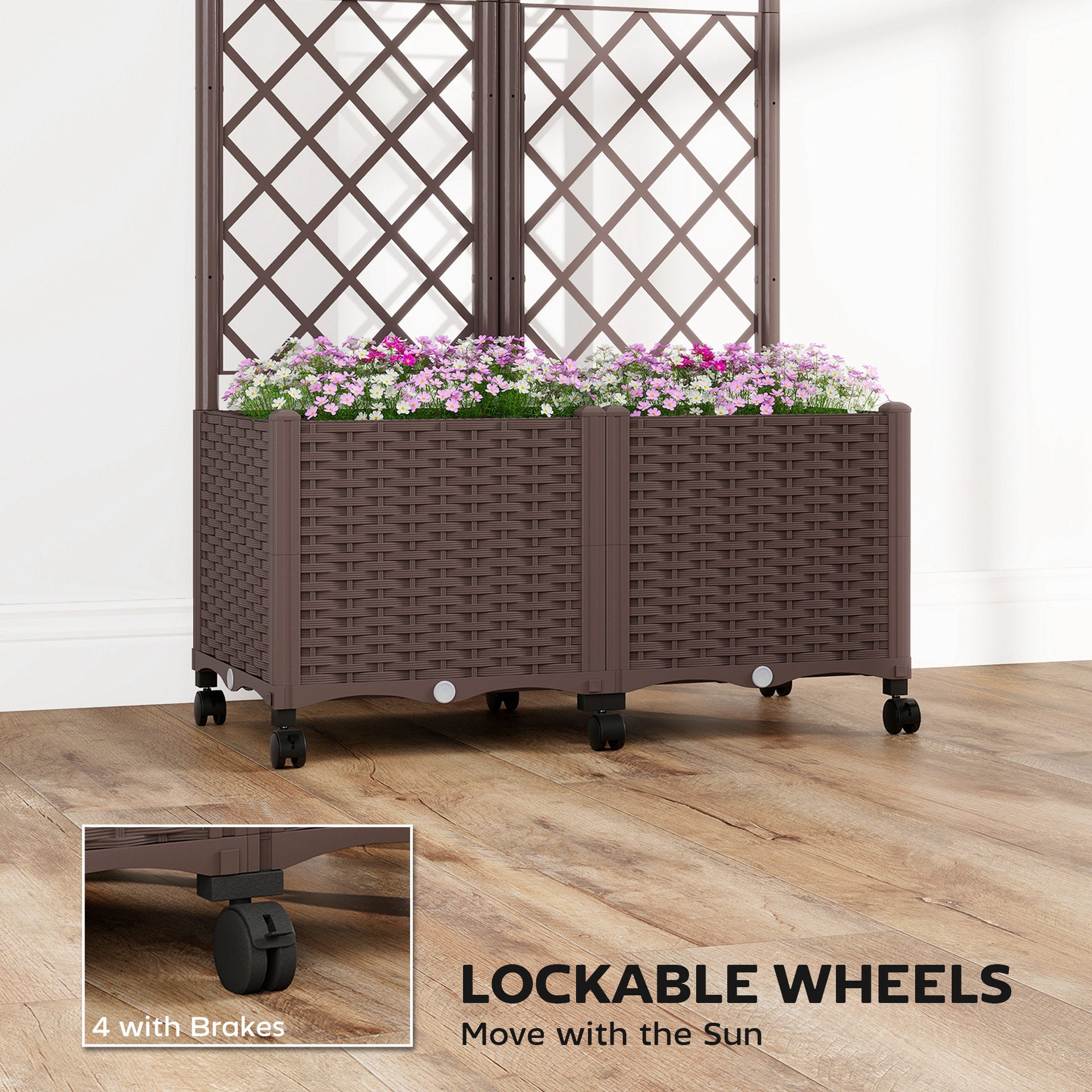 Outsunny Planter Box with Trellis, Self Watering Raised Garden Bed with Lockable Wheels and Drainage Holes, Brown