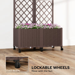Outsunny Planter Box with Trellis, Self Watering Raised Garden Bed with Lockable Wheels and Drainage Holes, Brown