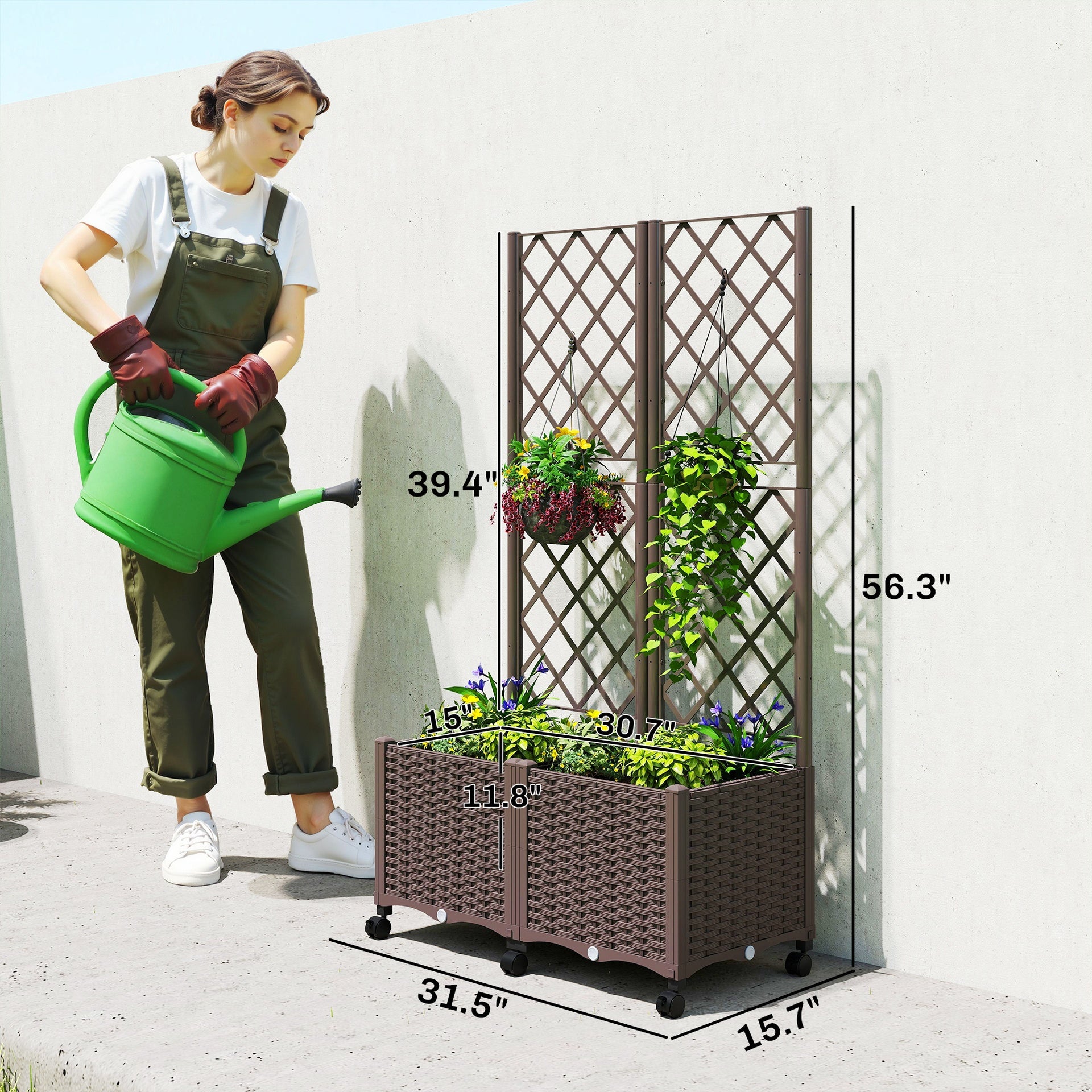 Outsunny Planter Box with Trellis, Self Watering Raised Garden Bed with Lockable Wheels and Drainage Holes, Brown