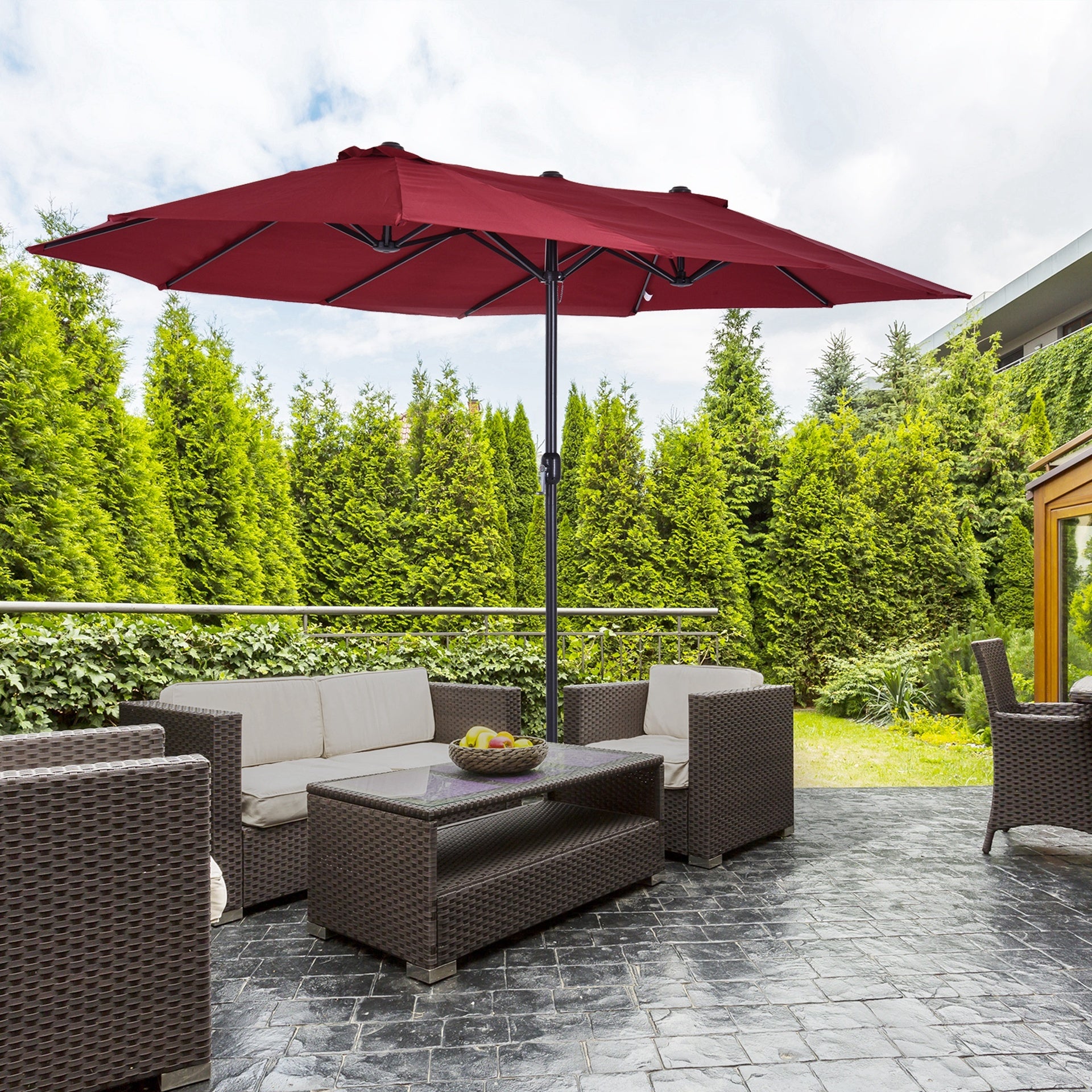 Outsunny Extra Large 15 ft Patio Umbrella, Double-Sided Wide Outdoor Umbrella with Crank Handle and Air Vents for Backyard, Deck, Pool, Market, Wine Red
