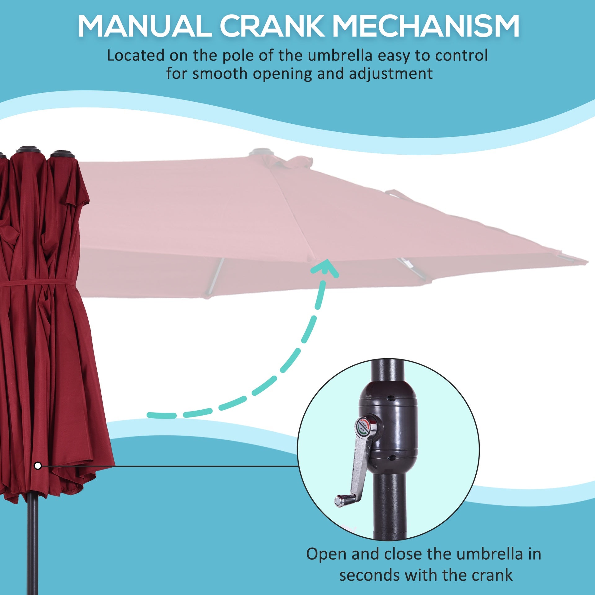Outsunny Extra Large 15 ft Patio Umbrella, Double-Sided Wide Outdoor Umbrella with Crank Handle and Air Vents for Backyard, Deck, Pool, Market, Wine Red